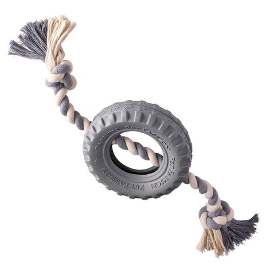 Grey Rope tire tug tog on a white background
