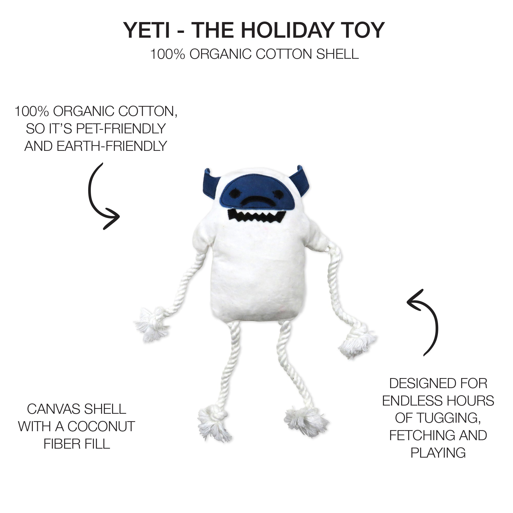 White plush toy with blue accents labeled 'YETI' on a white background