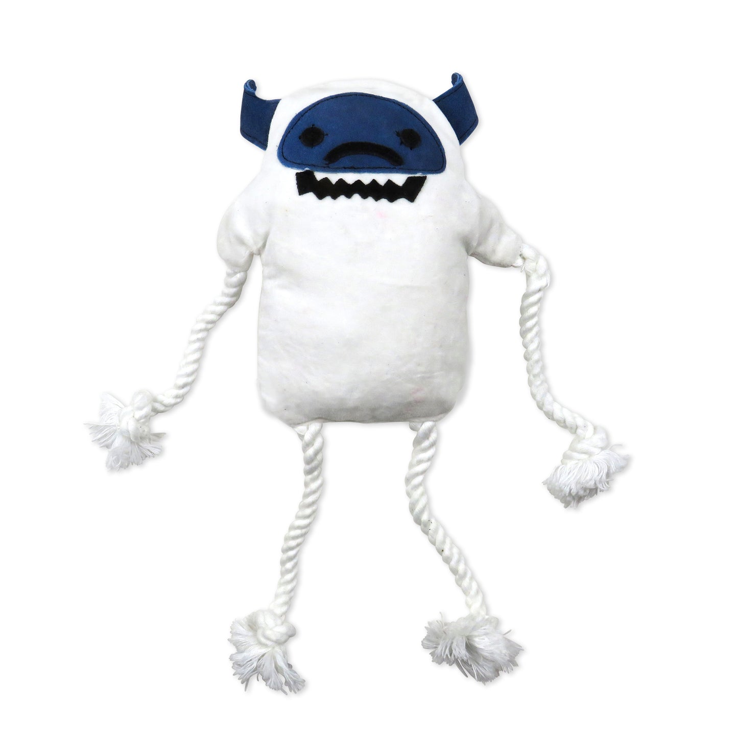 White plush toy with blue face and black mouth on a white background