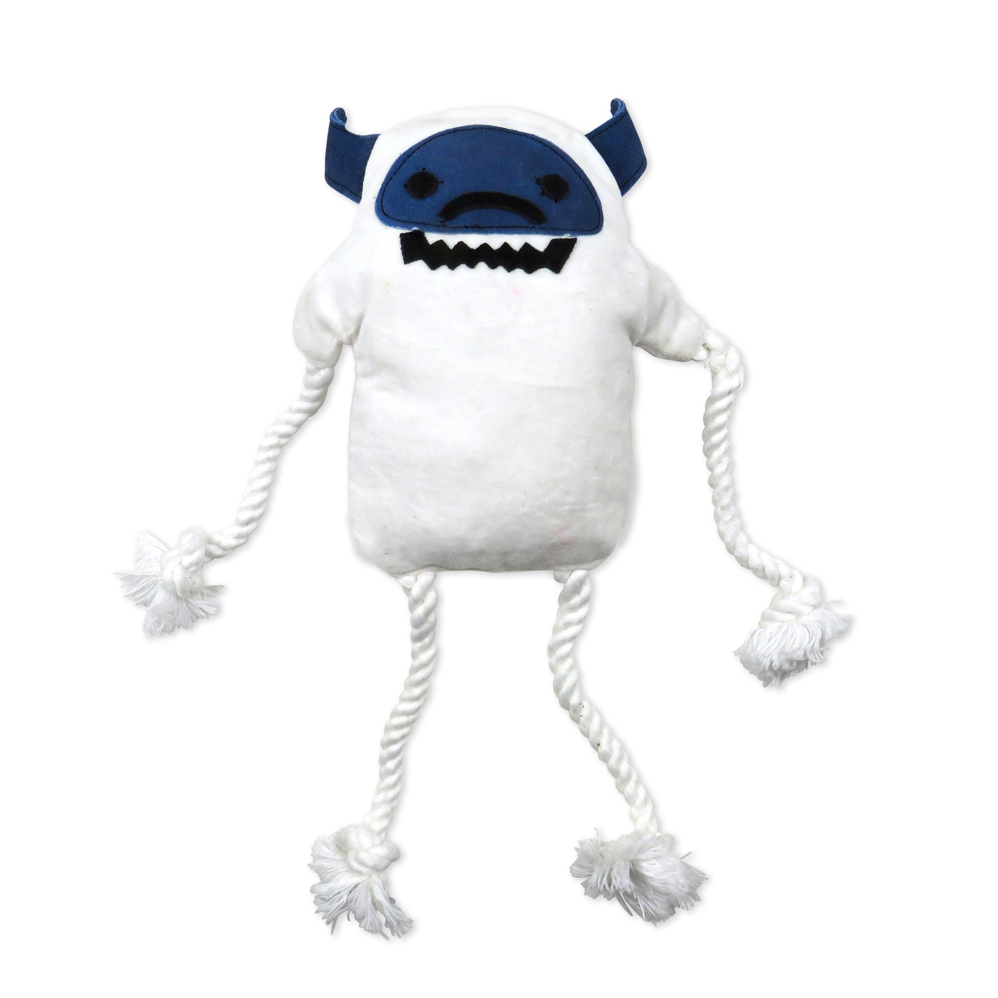 White plush toy with blue face and black mouth on a white background