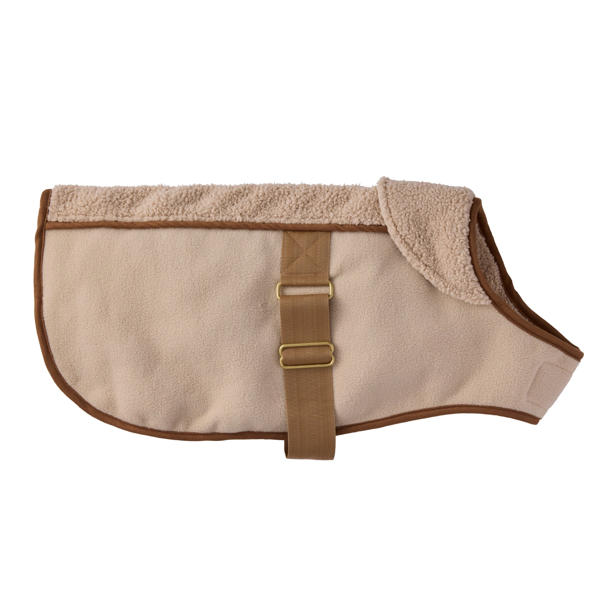 Beige dog coat with brown trim and straps on a white background