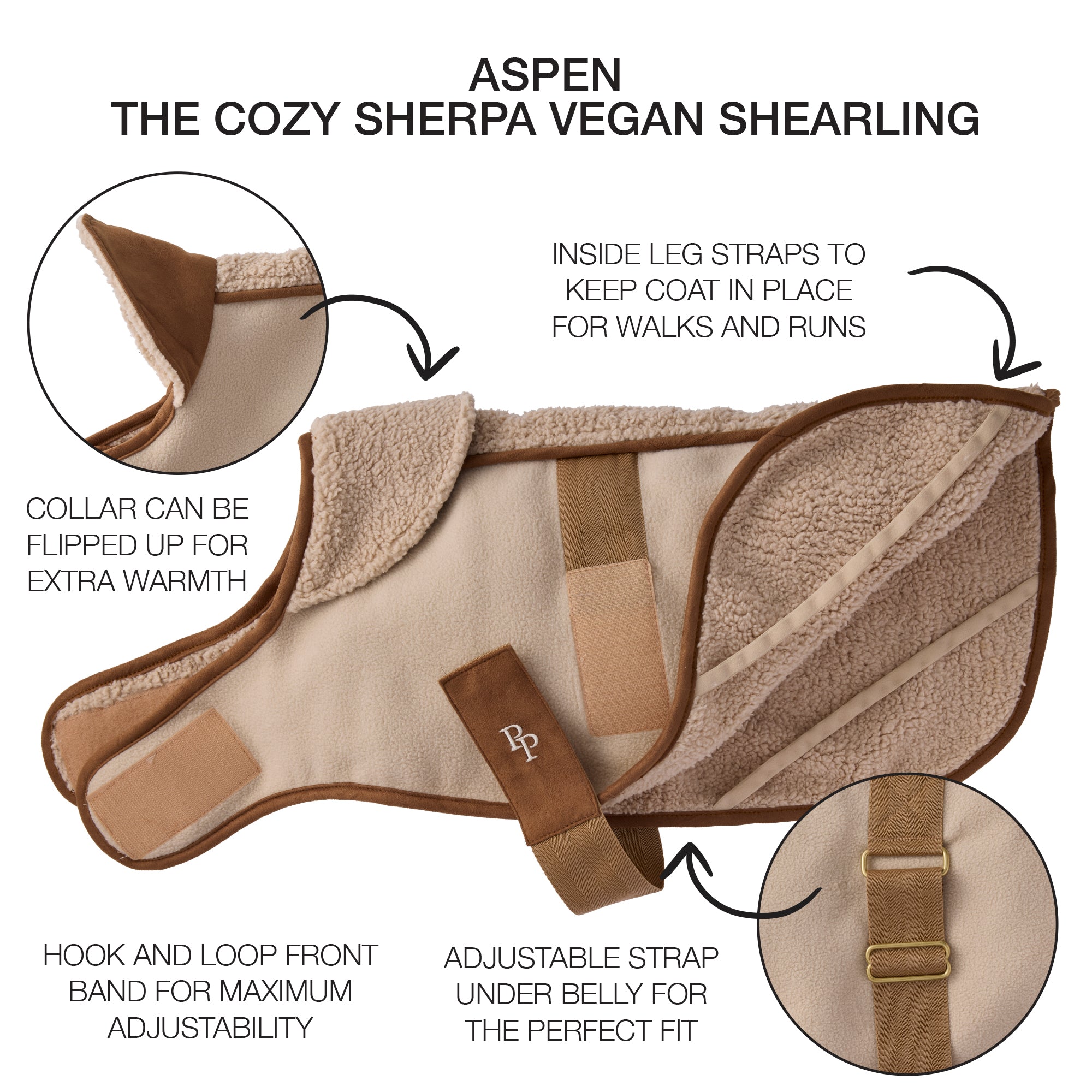 Cozy Sherpa Vegan Shearling dog coat with features highlighted on a white background