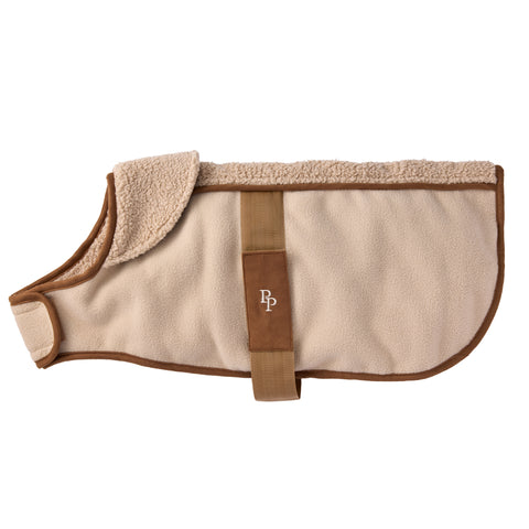 Beige and brown dog coat with a visible brand logo on a white background