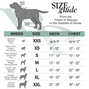 Dog size guide with breeds, neck, and chest measurements.