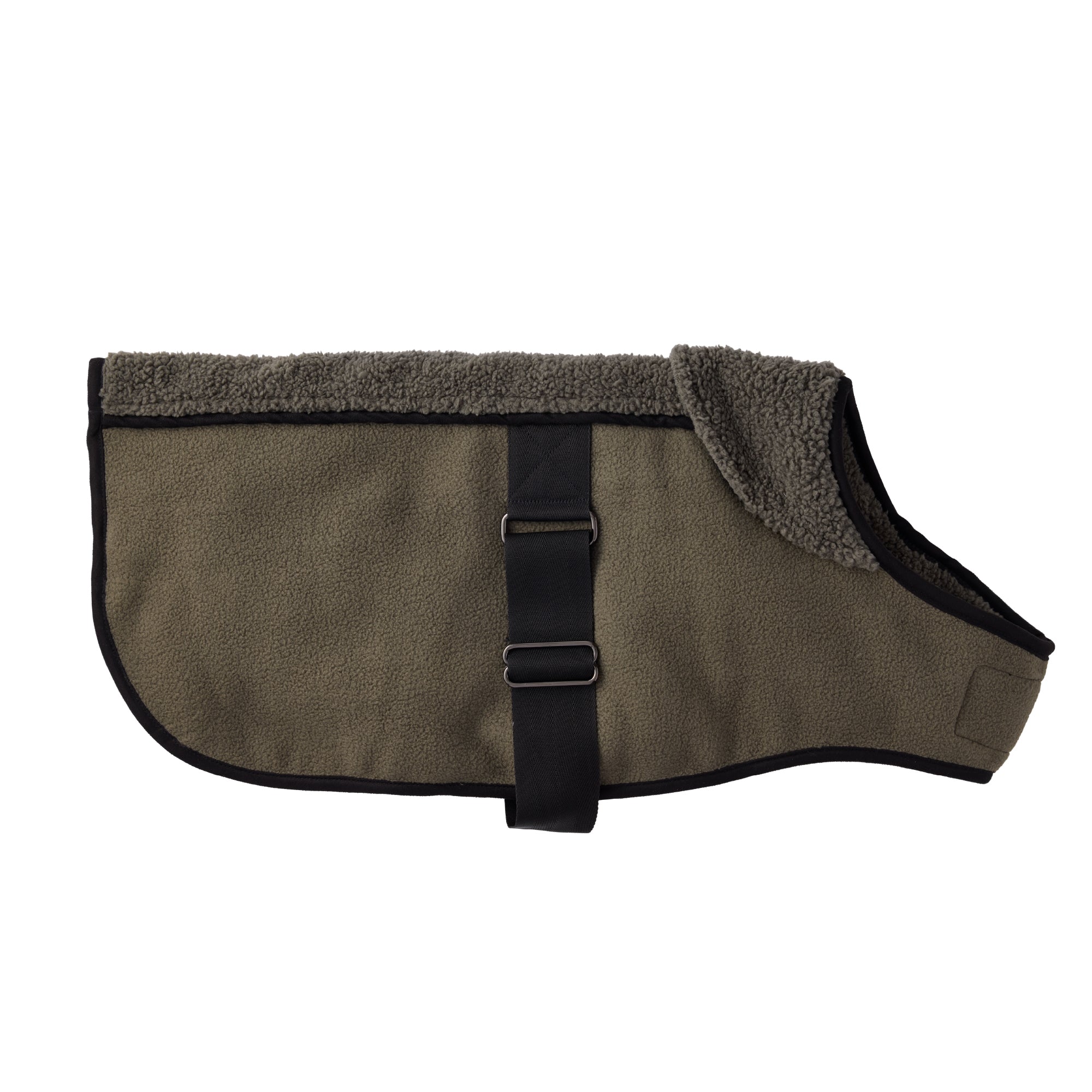 Brown dog coat with black straps on a white background