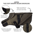 Cozy Sherpa Vegan Shearling dog coat with features highlighted on a white background