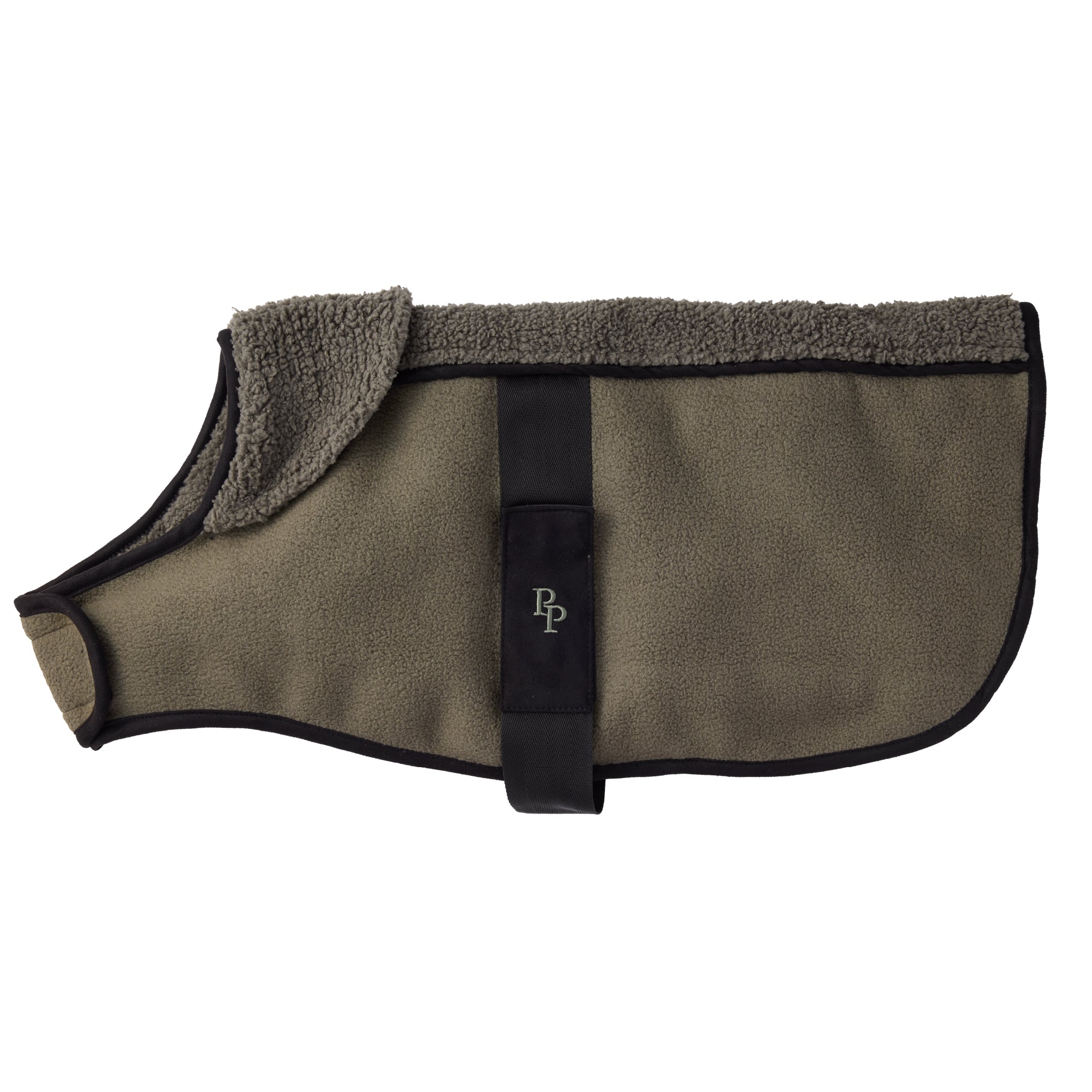 Brown dog coat with black strap and BP logo on a white background