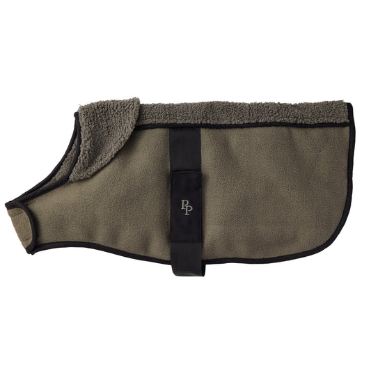 Brown dog coat with black strap and BP logo on a white background