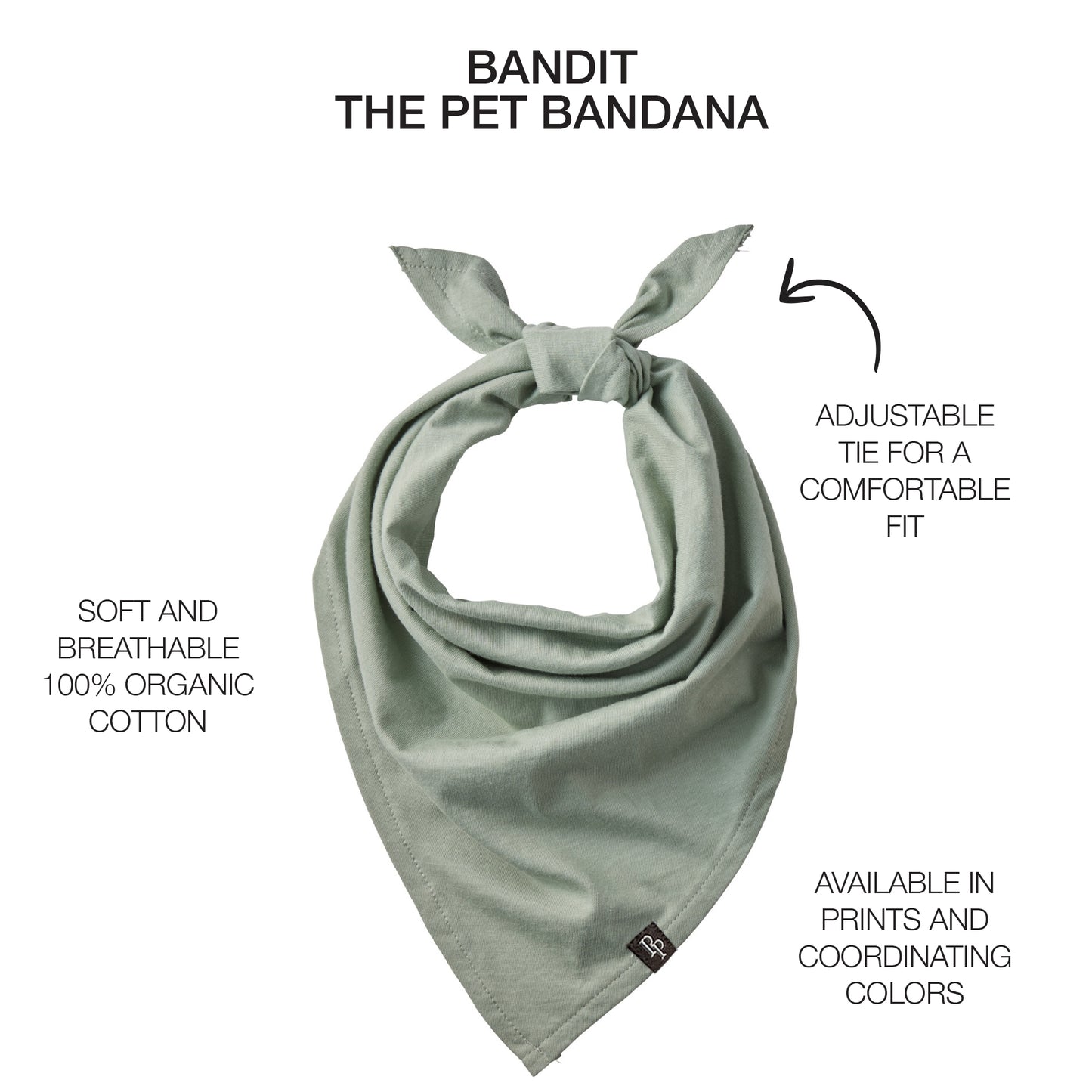 Pet bandana with product descriptions surrounding it and Bandit title at the top