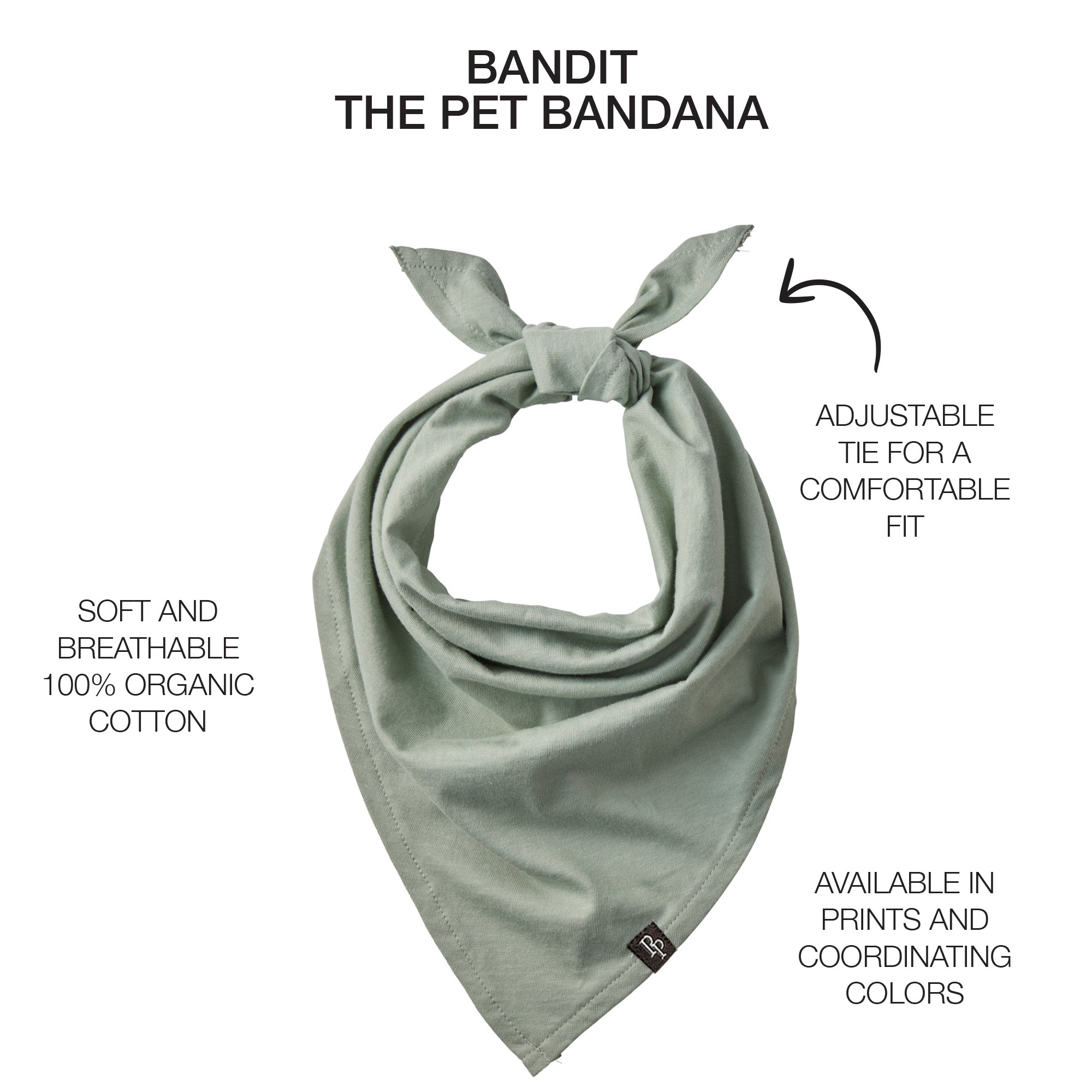 Pet bandana with product descriptions surrounding it and Bandit title at the top