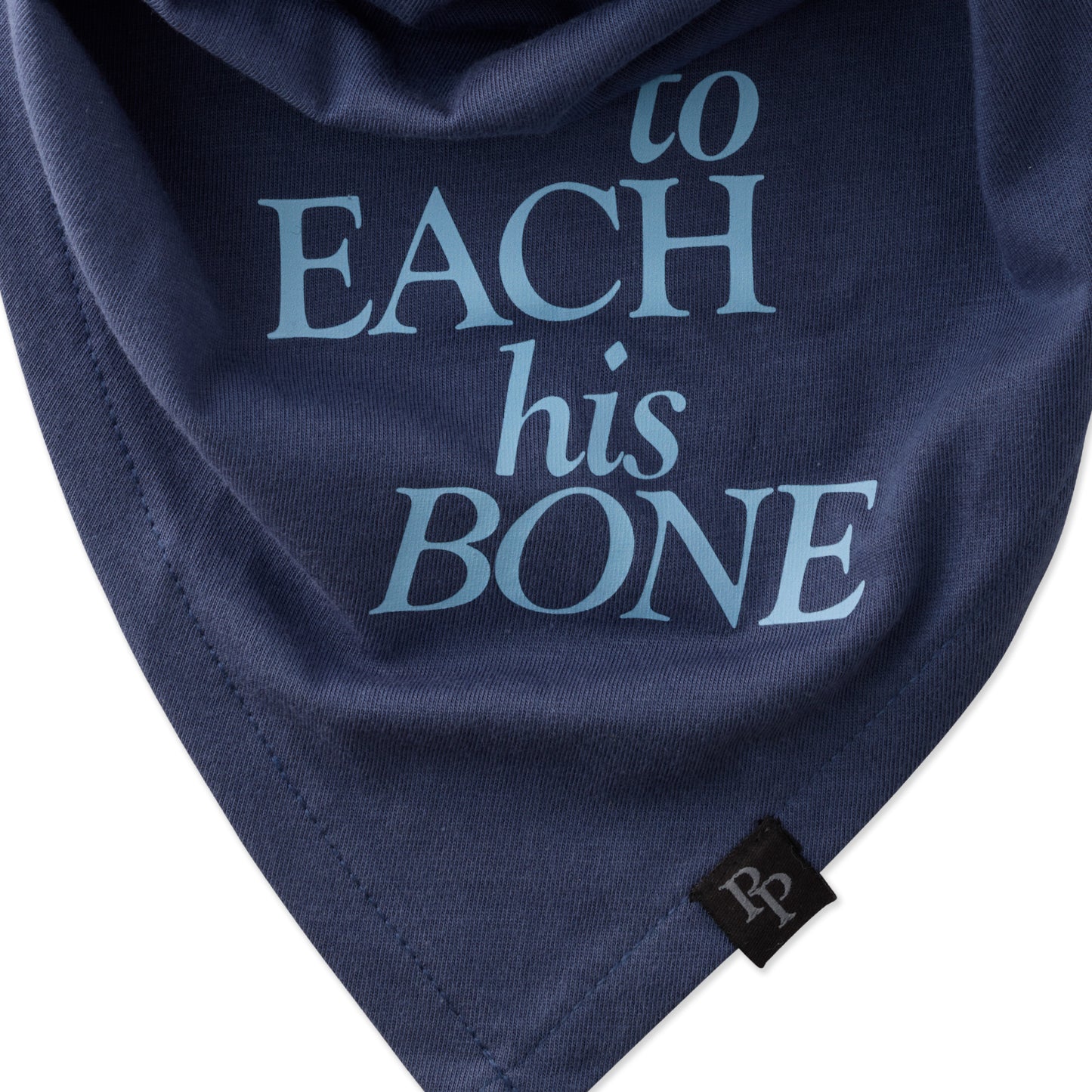 Navy blue bandana with text 'to each his bone' and a brand logo on a white background