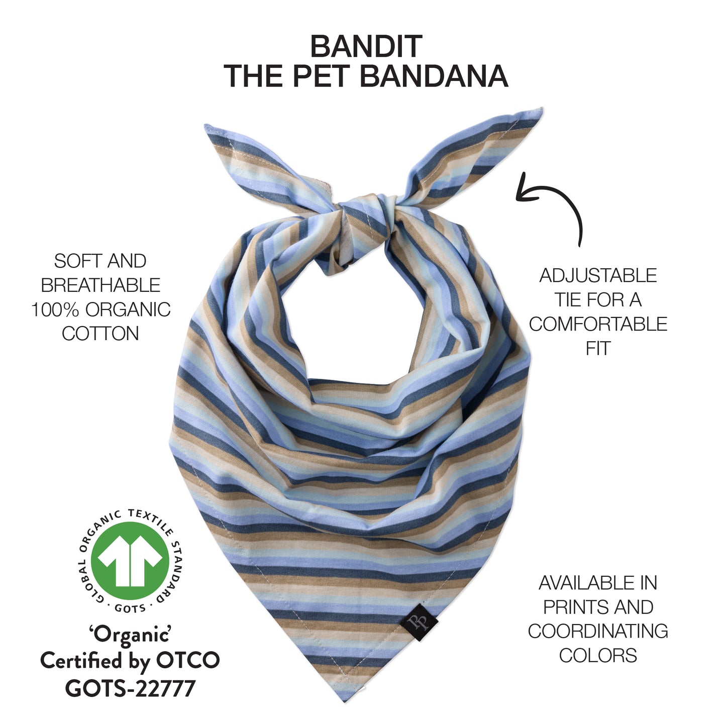 Striped pet bandana with text describing features and certifications on a white background