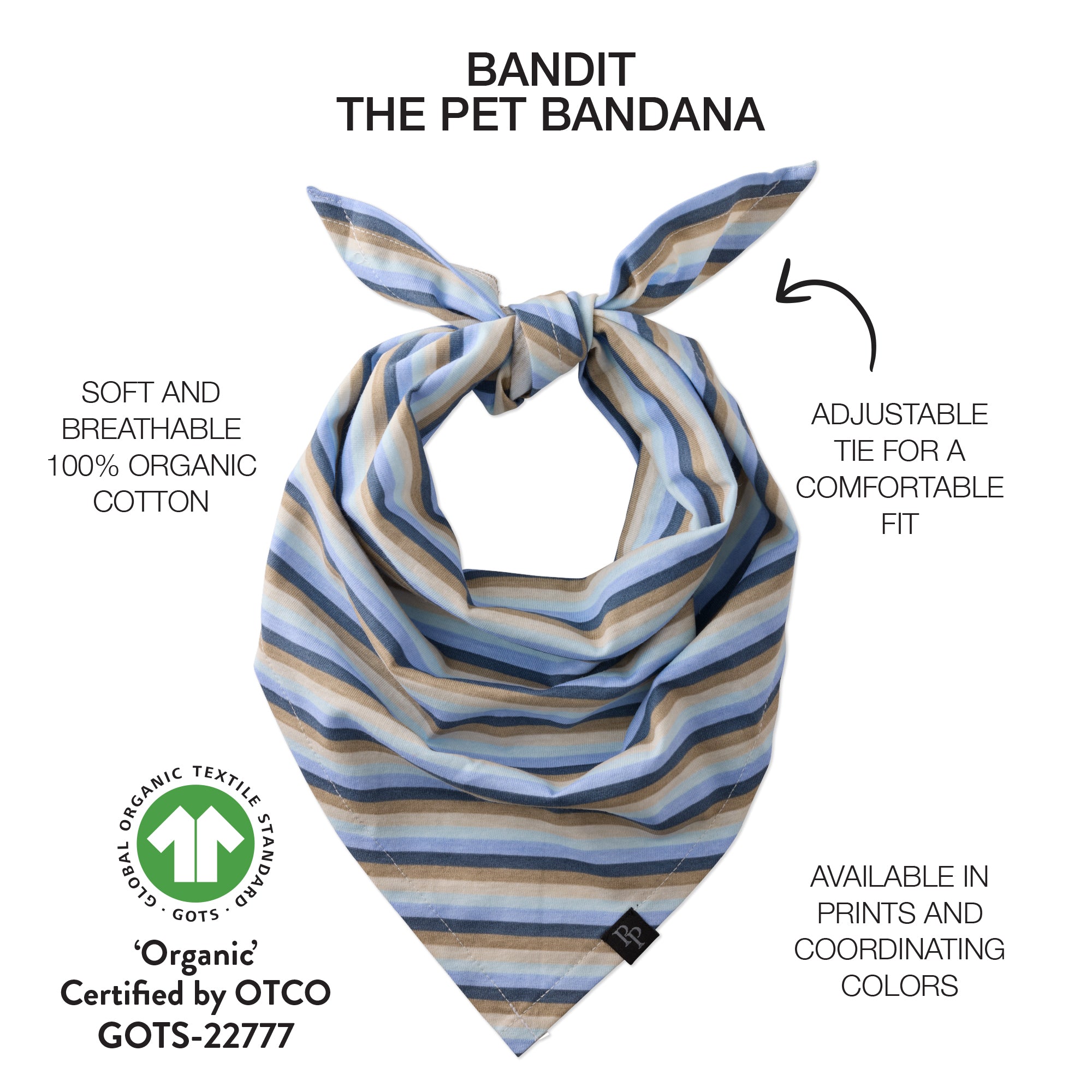 Striped pet bandana with text describing features and certifications on a white background