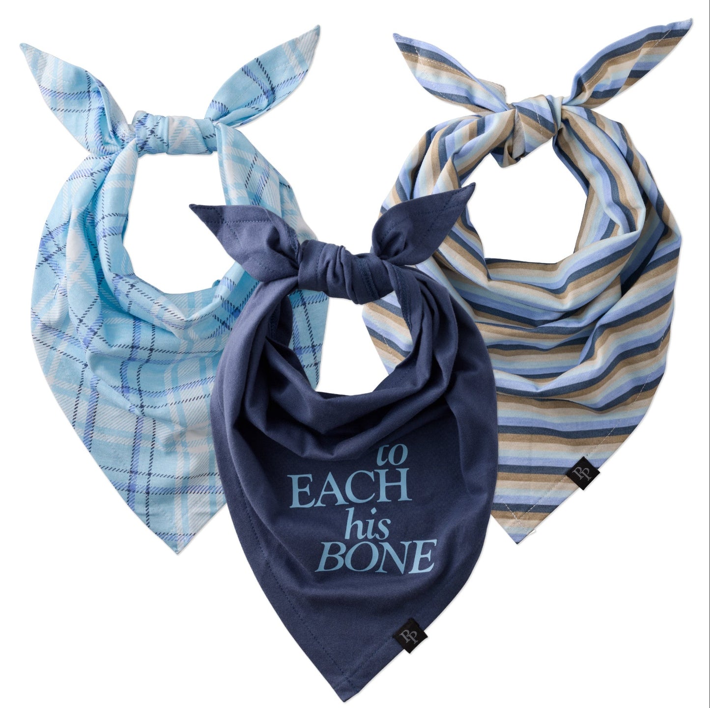 Three dog bandanas with different patterns on a white background