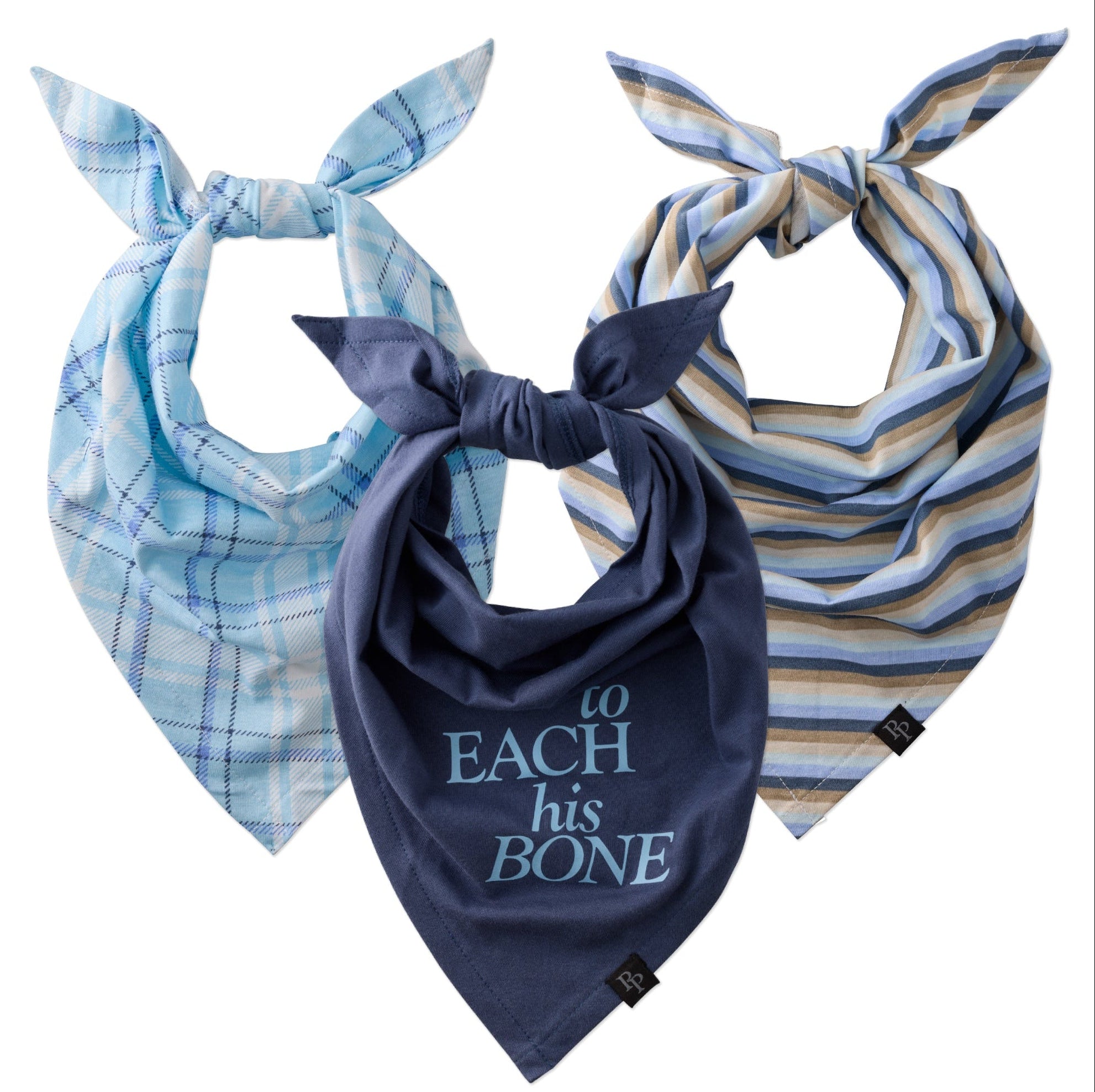 Three dog bandanas with different patterns on a white background