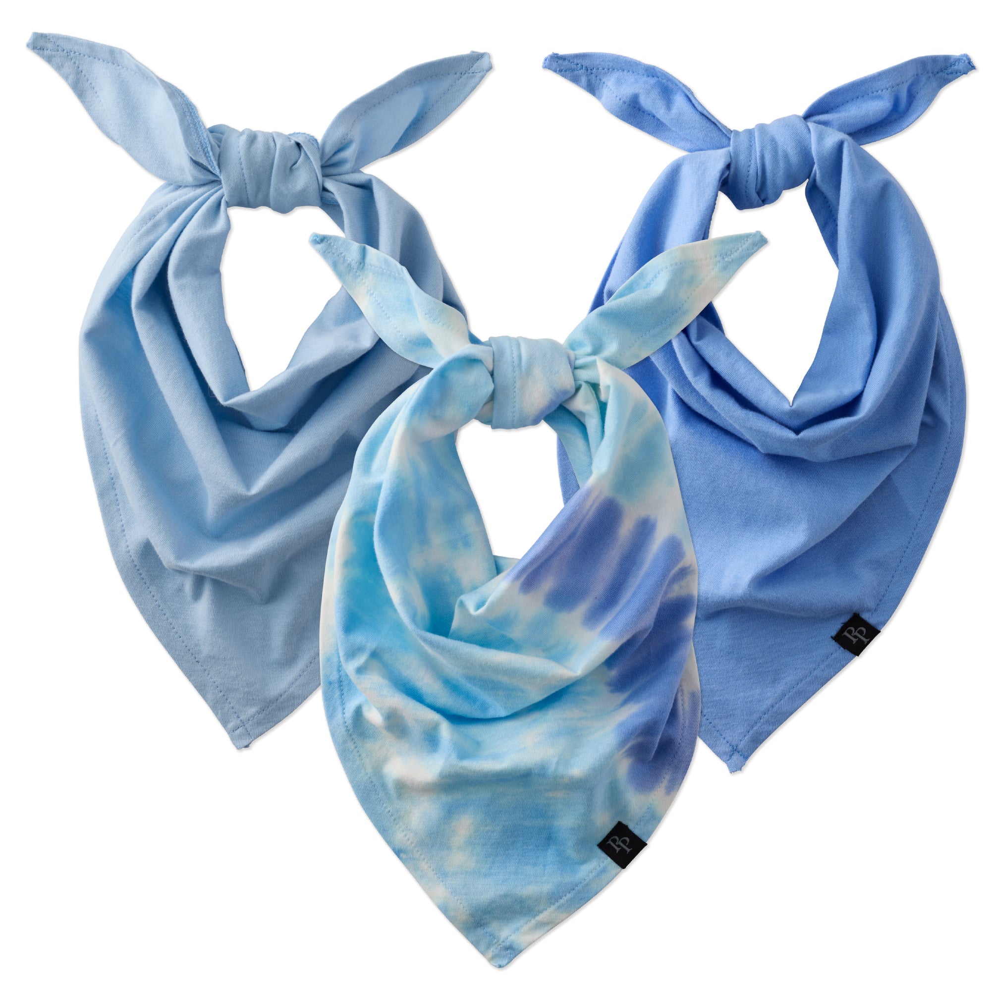 Three blue bandanas with different patterns on a white background