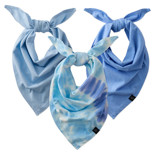 Three blue bandanas with different patterns on a white background