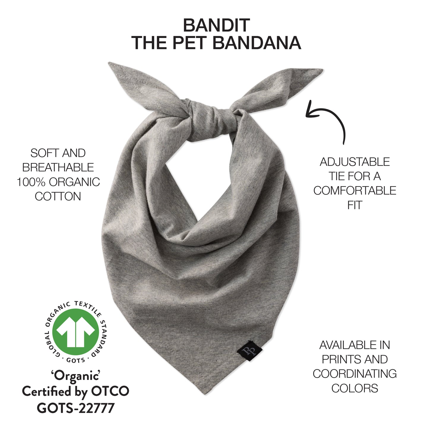 Gray pet bandana with text describing features and certifications on a white background