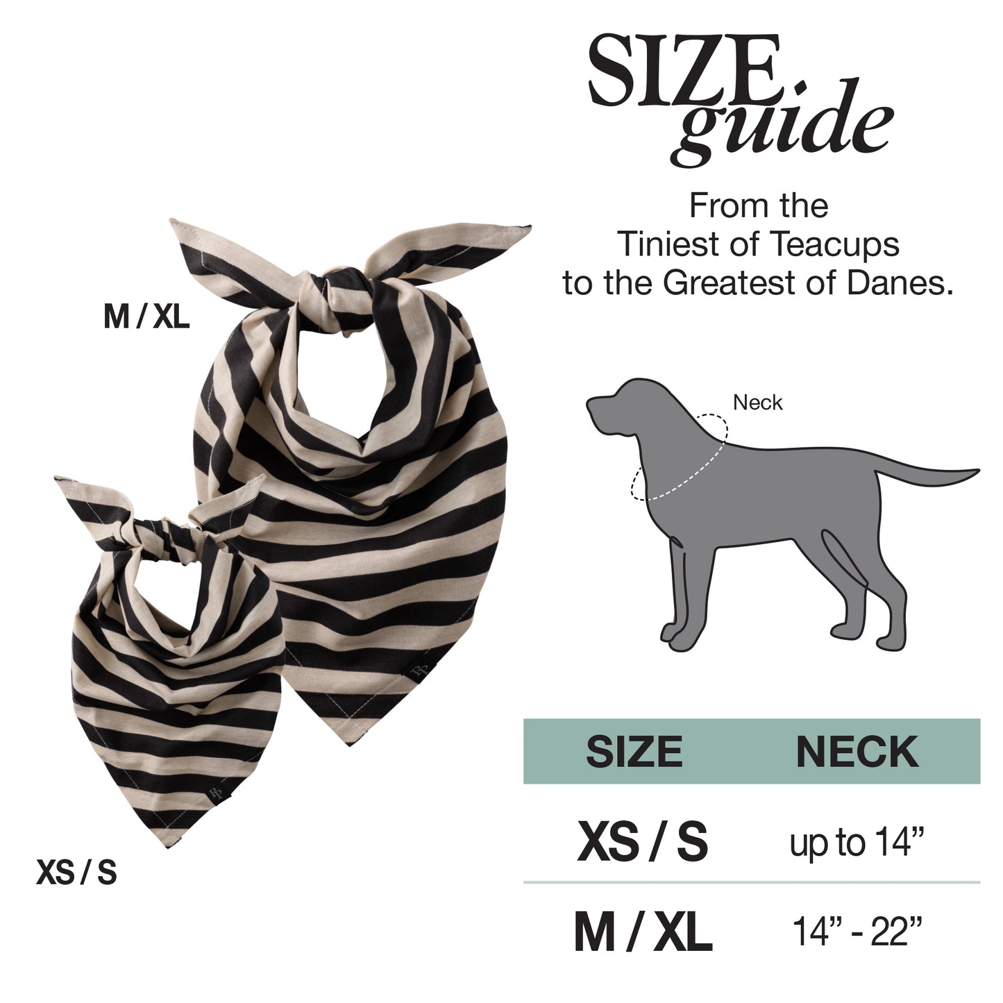 Zebra-striped dog bandanas with size guide on a white background