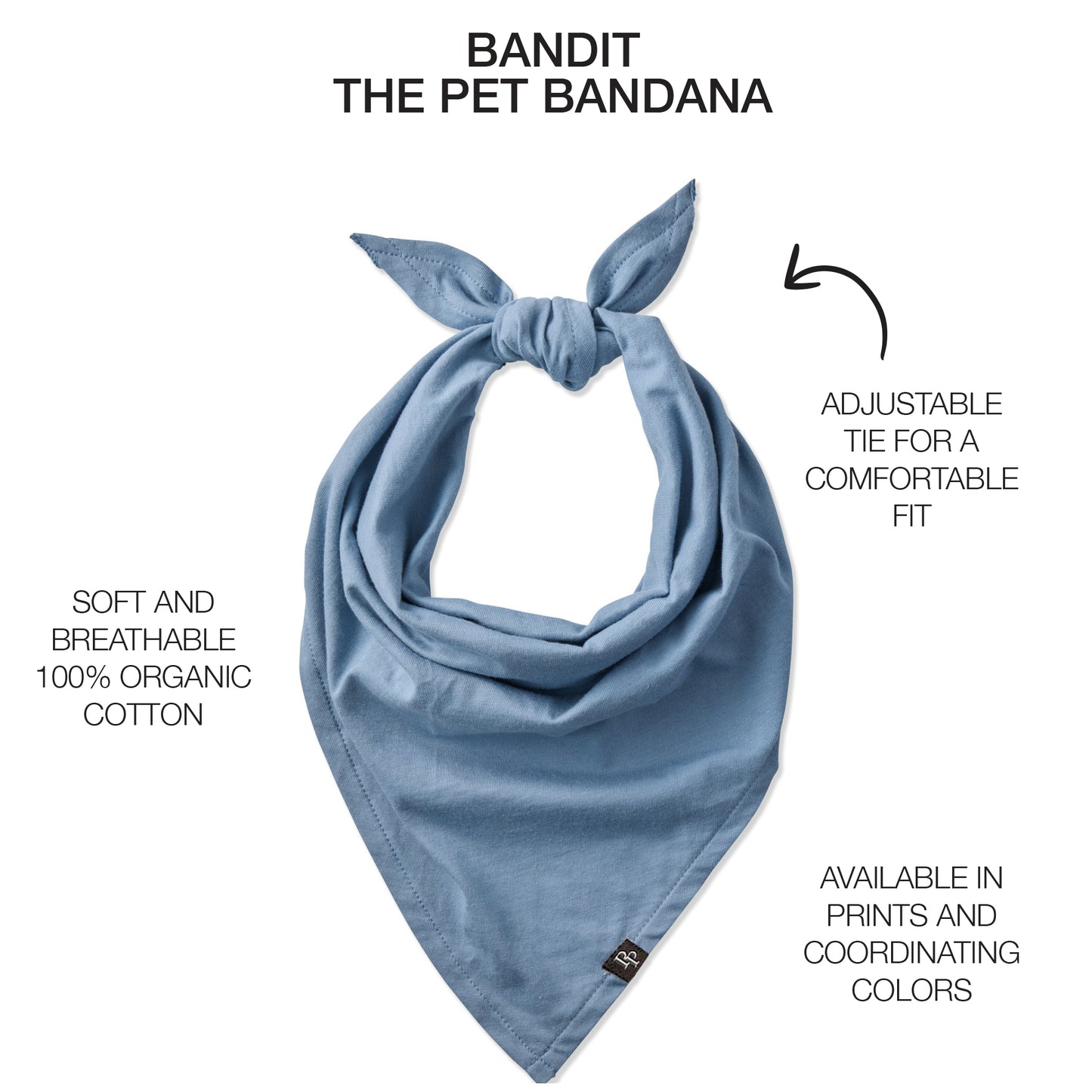 Pet bandana with product descriptions surrounding it and Bandit title at the top