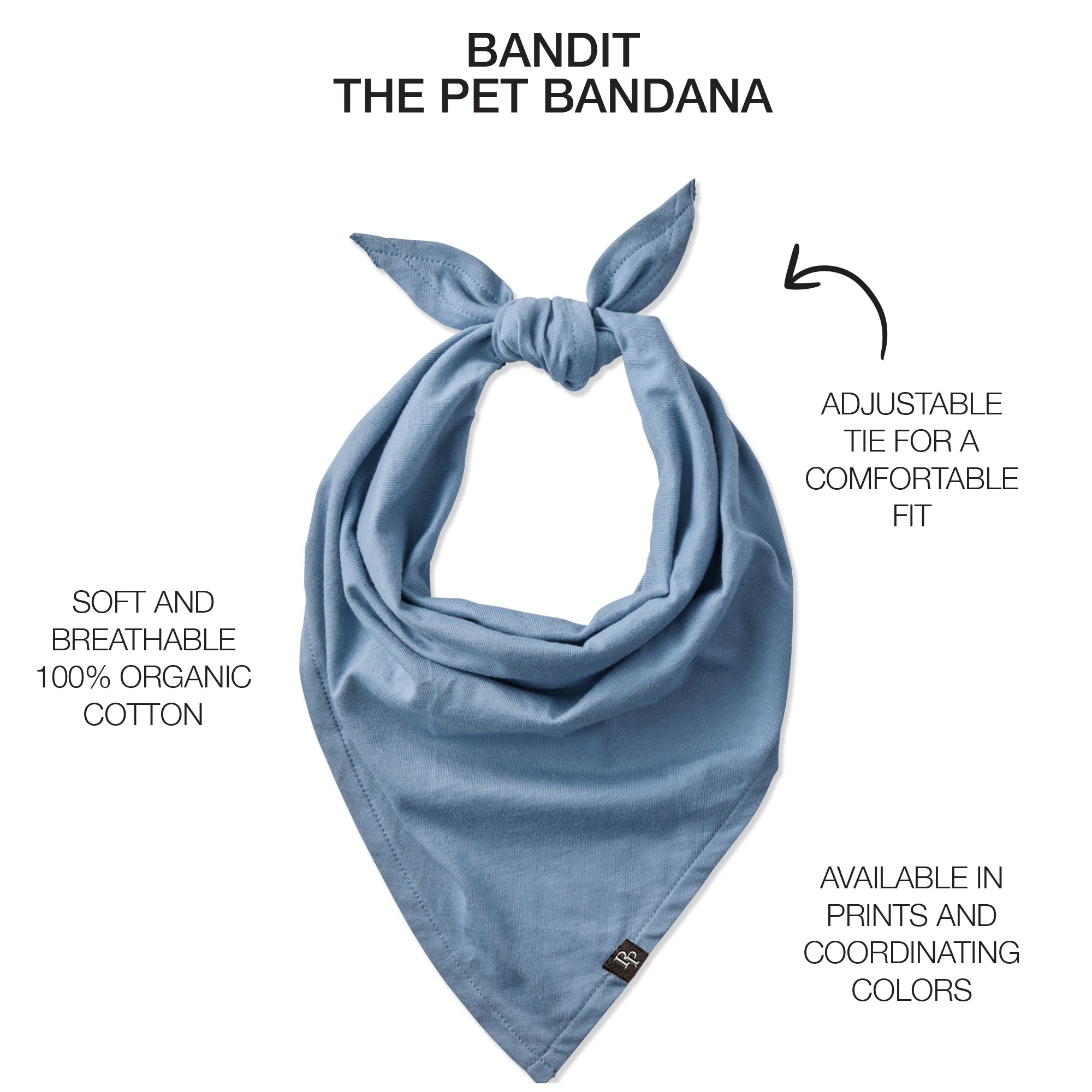Pet bandana with product descriptions surrounding it and Bandit title at the top