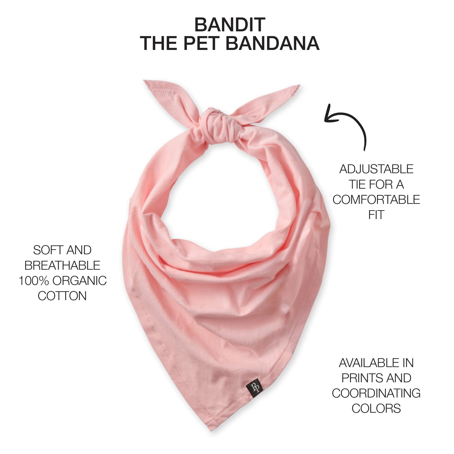 Pink bandana with  with product descriptions surrounding it and Bandit title at the top
