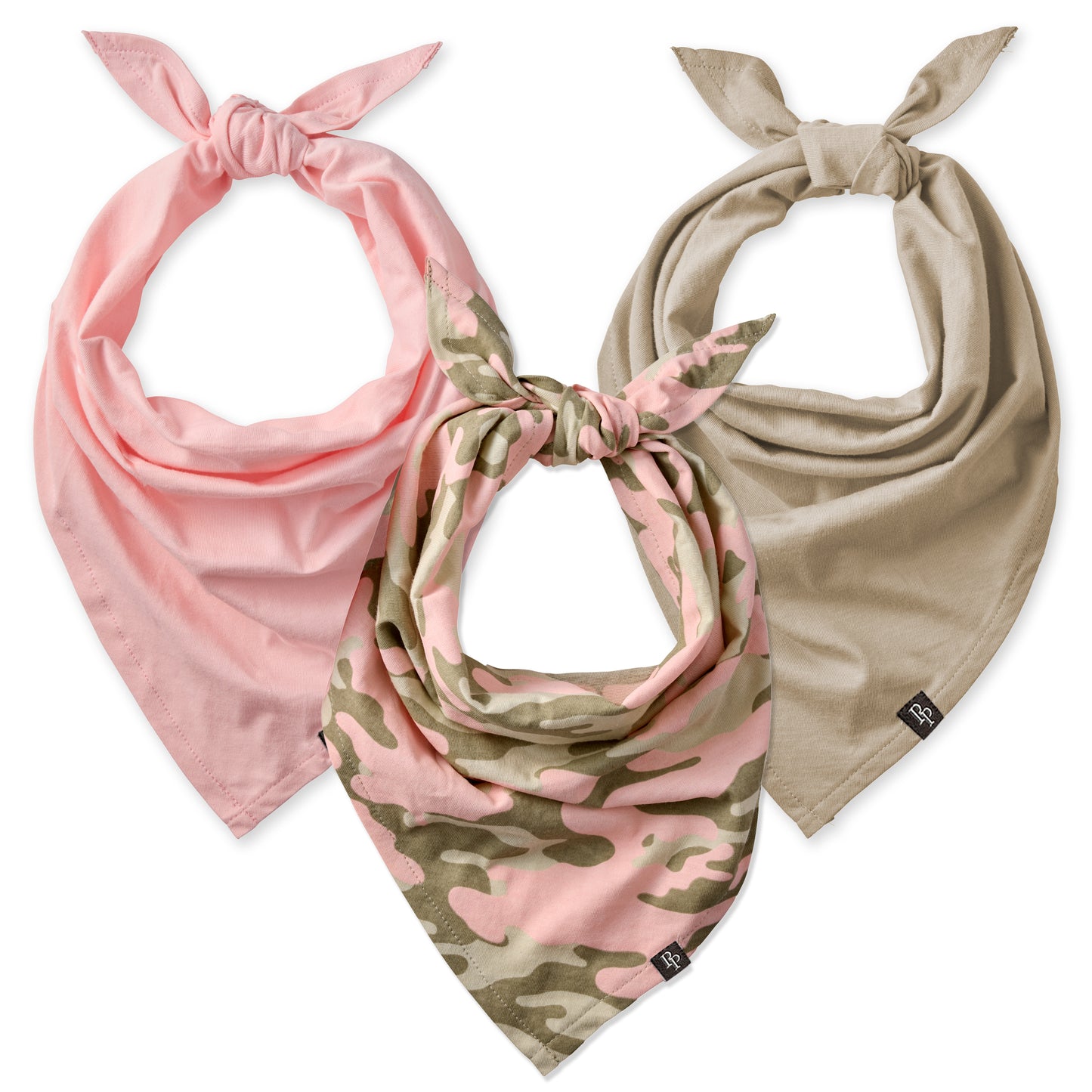 Pink, Beige, and Pink camo pet bandanas on a white background