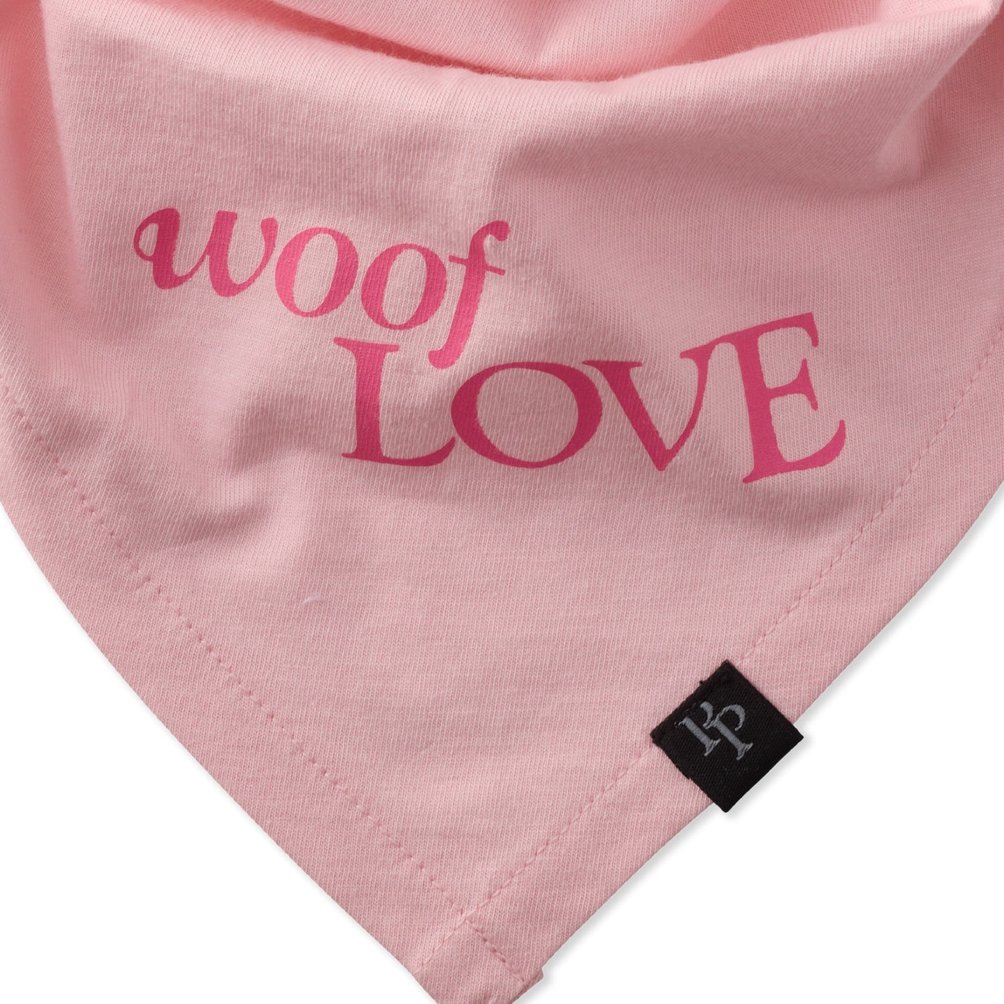 Pink bandana with 'woof LOVE' text and a brand logo on a white background