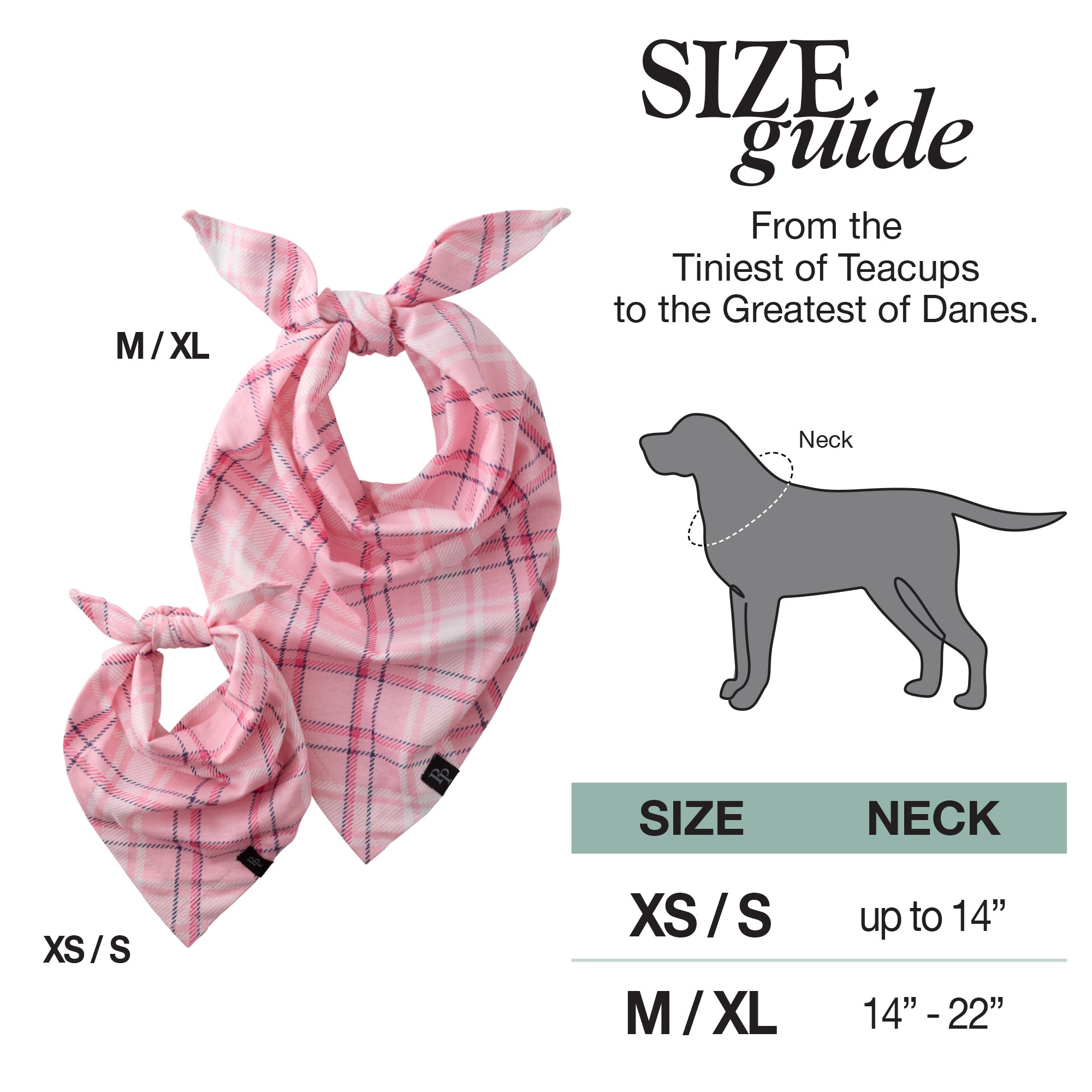 Pink plaid dog bandana with size guide for dogs on a white background