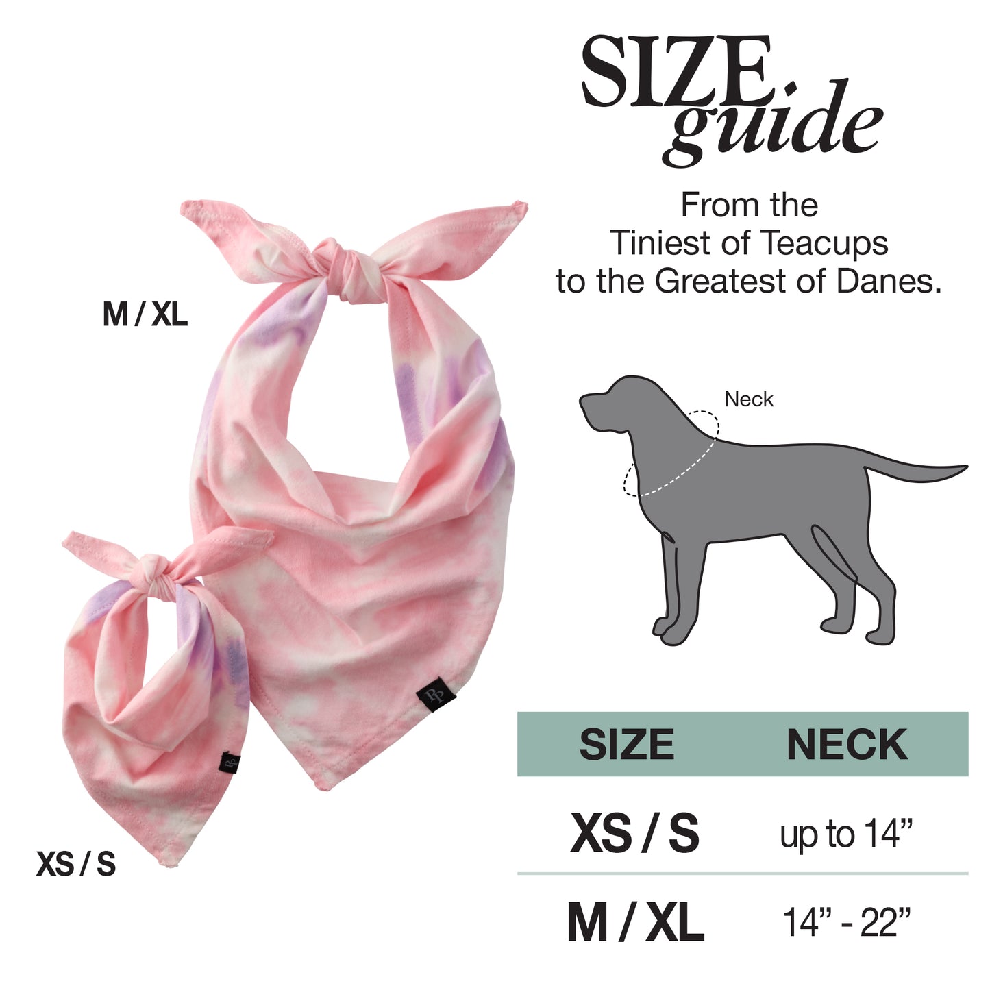 Pink dog bandana with size guide for dogs on a white background