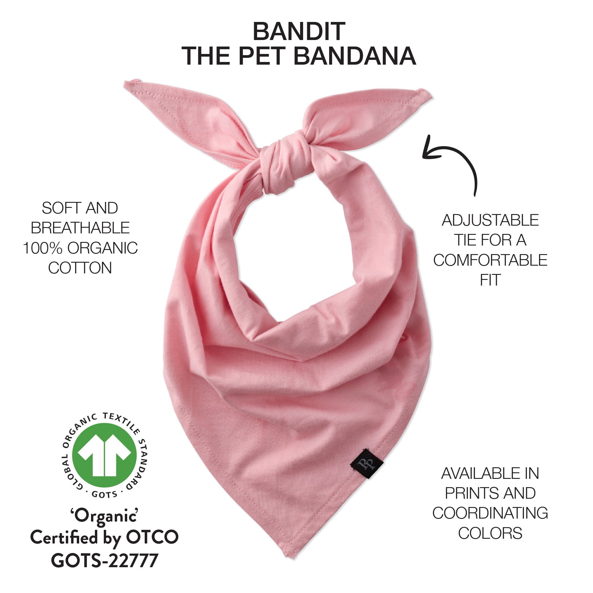 Pink pet bandana with text describing features and certifications on a white background