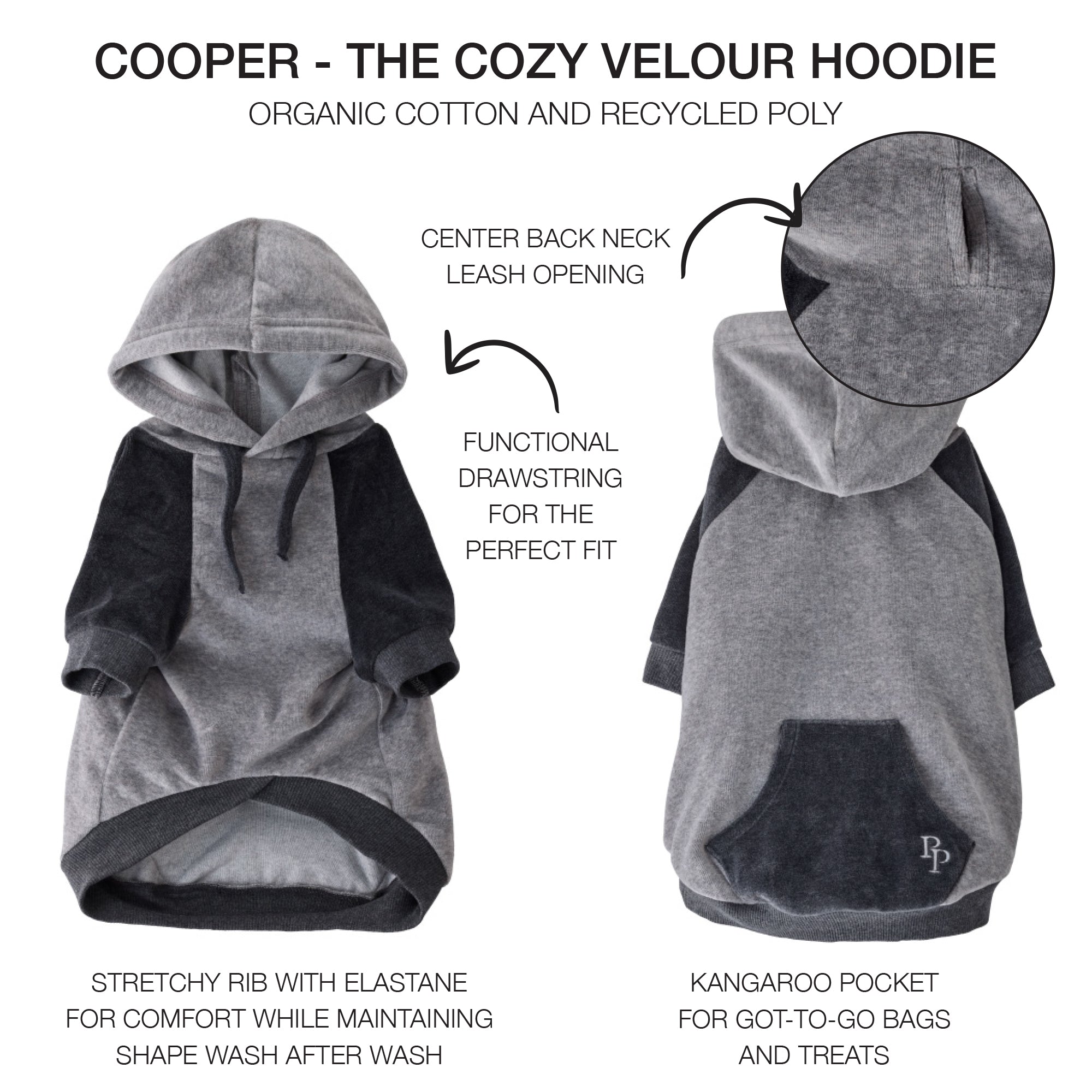 Front and back of hoodie with product descriptions and COOPER title at the top 