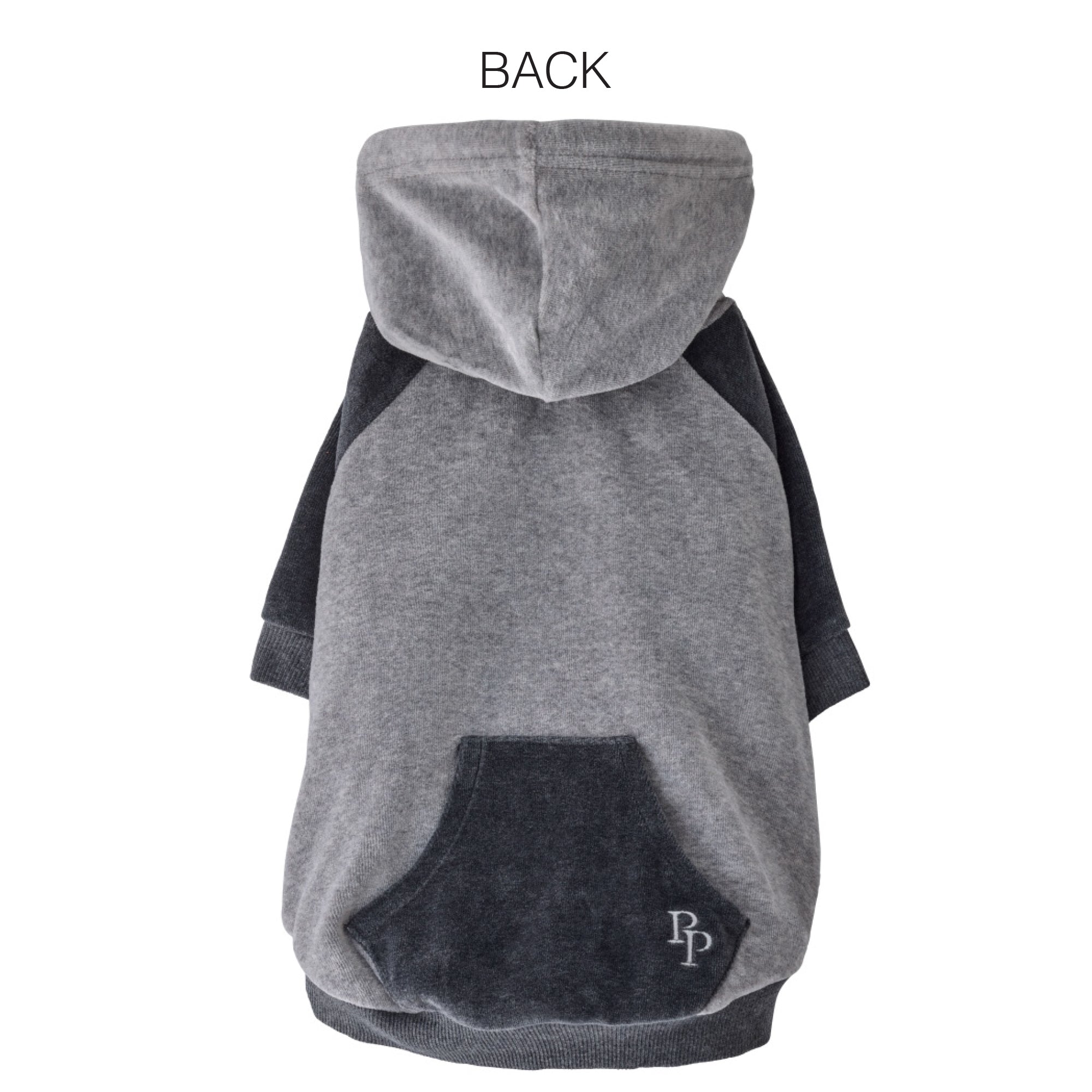 Back of grey and black dog hoodie with pet passion logo on the pocket