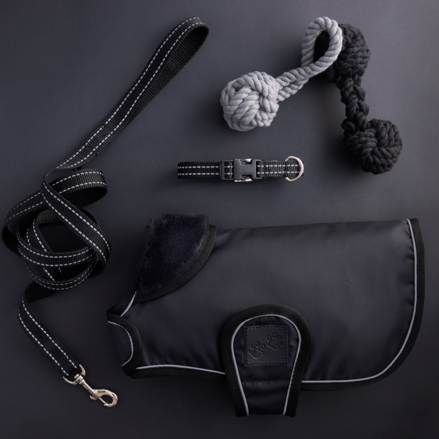 Dog leash, collar, and toys on a dark surface