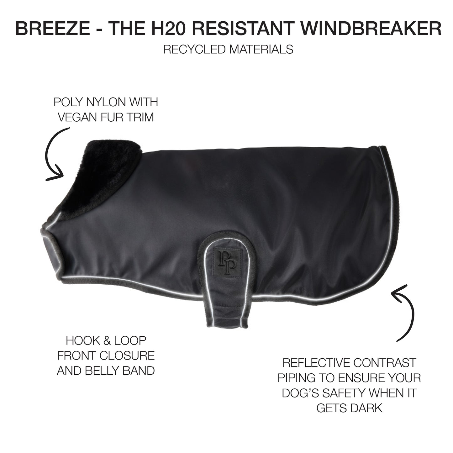 H20 resistant windbreaker for dogs with text detailing features on a white background