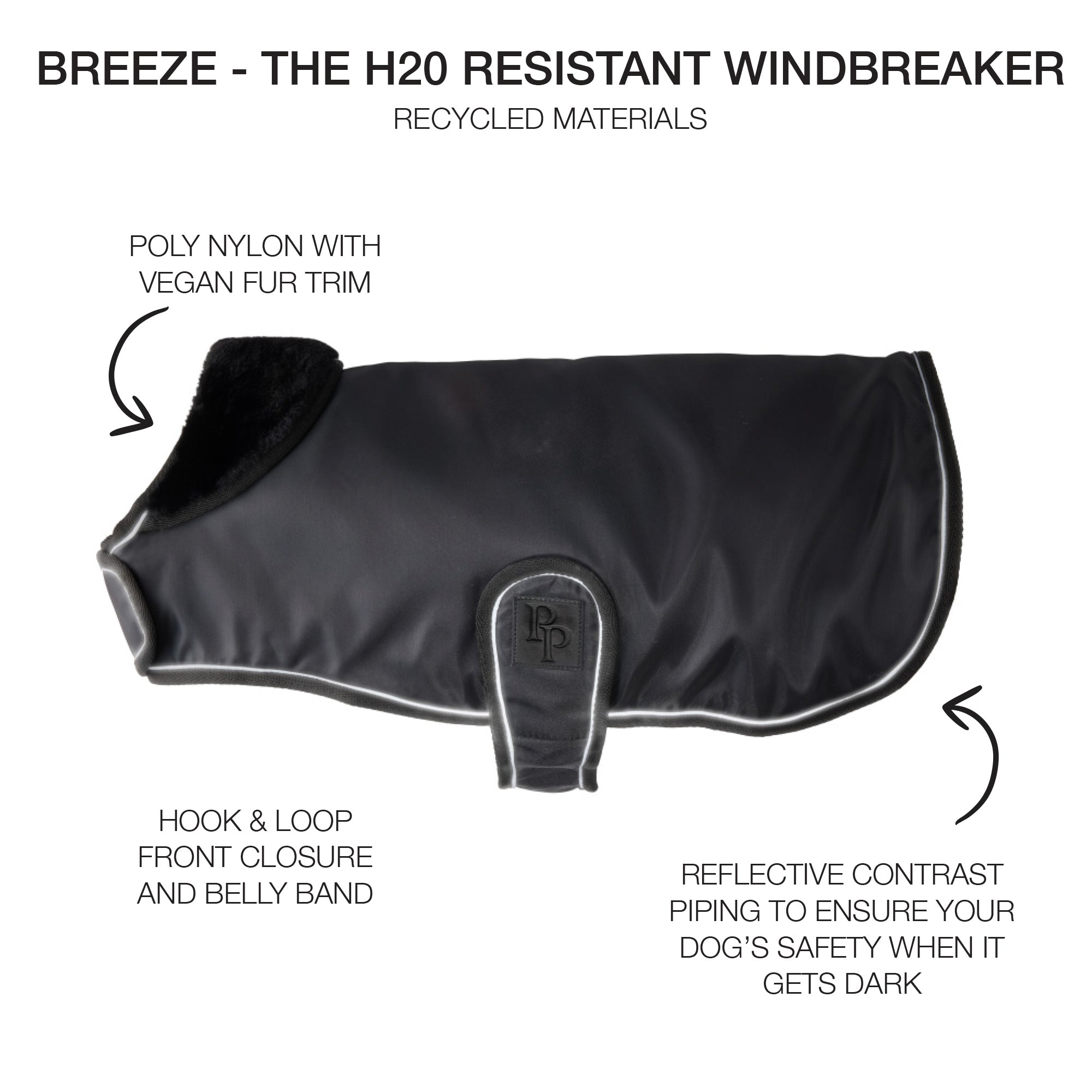 H20 resistant windbreaker for dogs with text detailing features on a white background