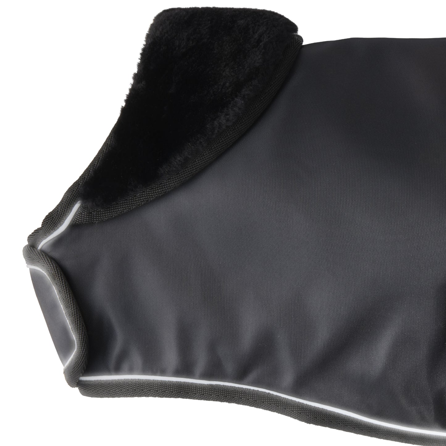 Close-up of a black jacket with reflective trim on a white background