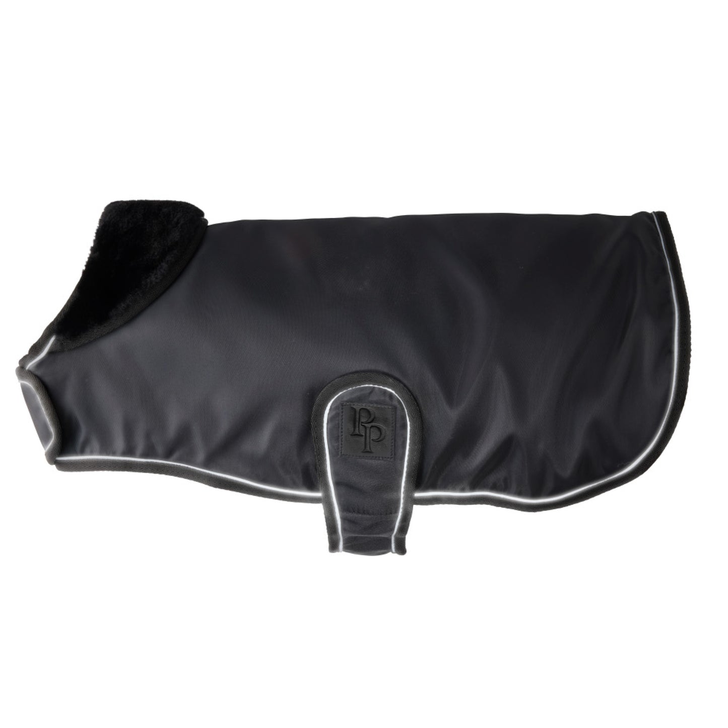 Black dog coat with a brand logo on a white background