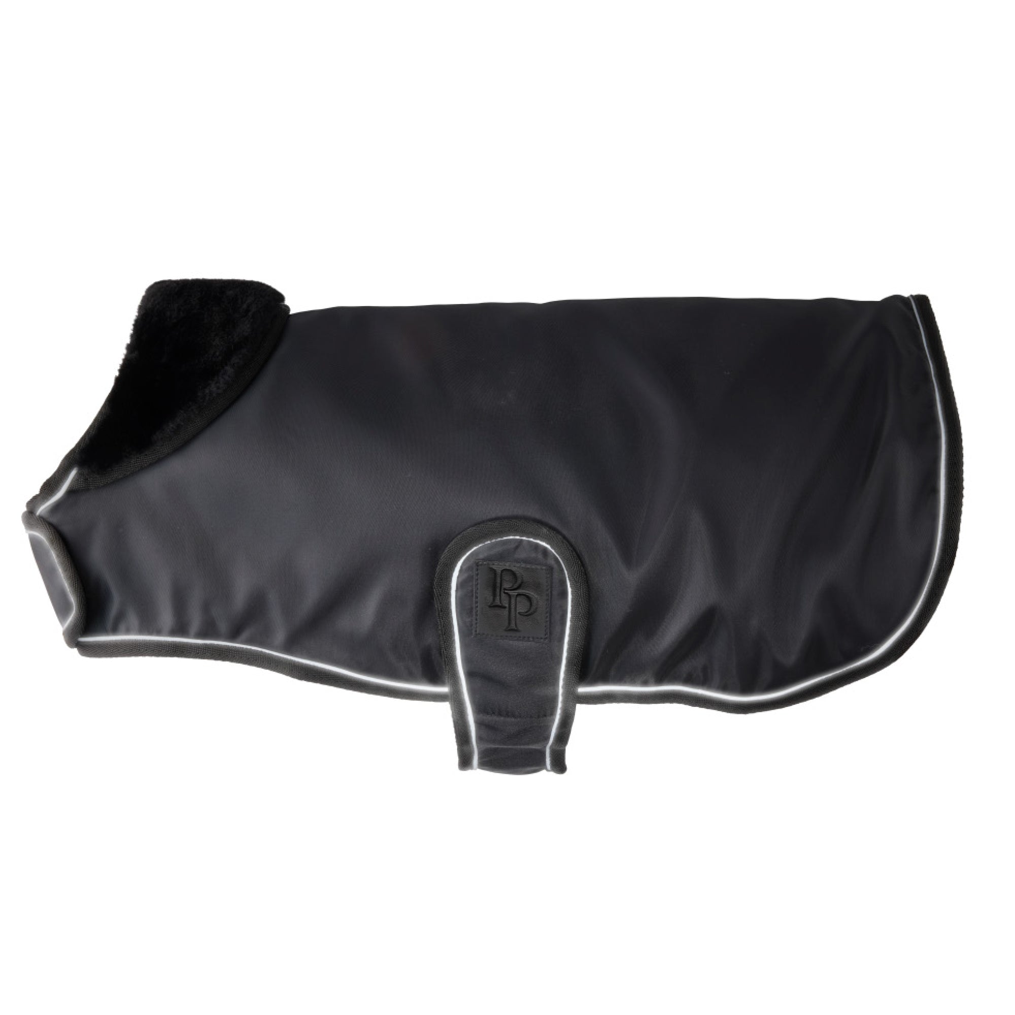 Black dog coat with a brand logo on a white background