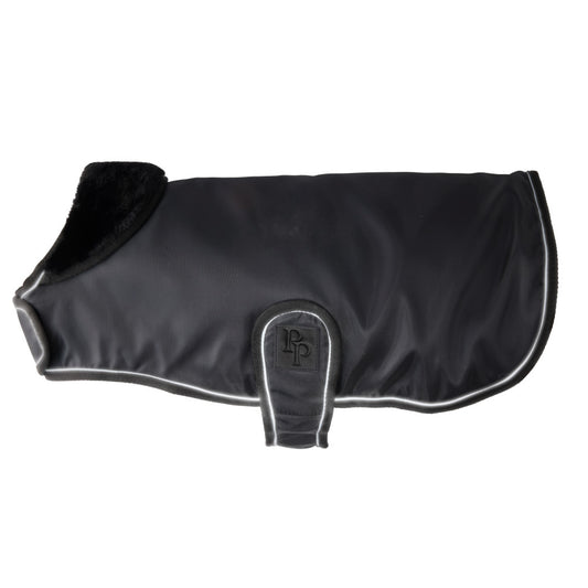 Black dog coat with a brand logo on a white background
