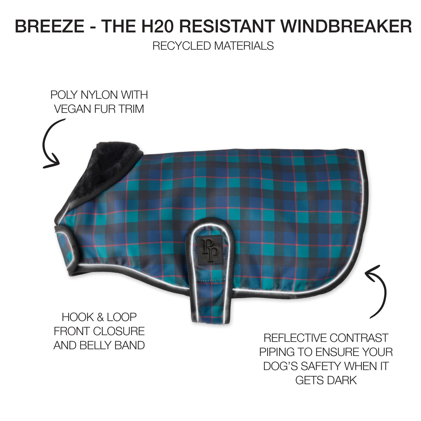 Dog windbreaker with product descriptions surrounding it and Breeze title at the top