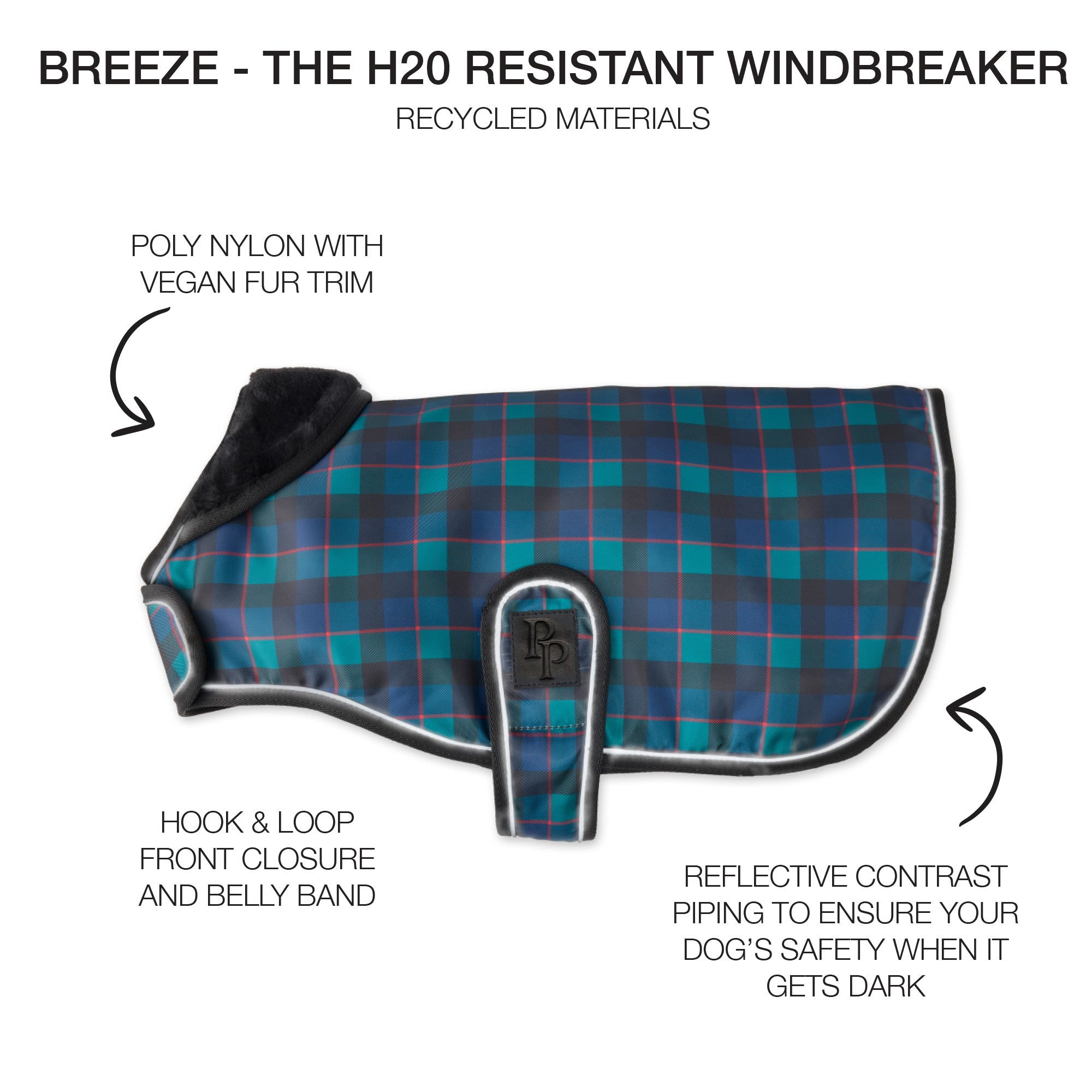 Dog windbreaker with product descriptions surrounding it and Breeze title at the top