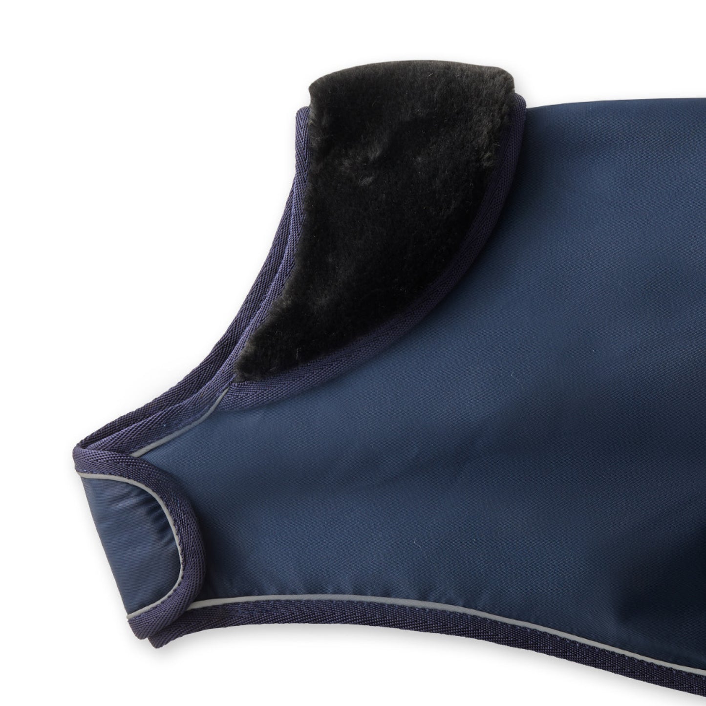 Navy blue garment with black fur lining on a white background