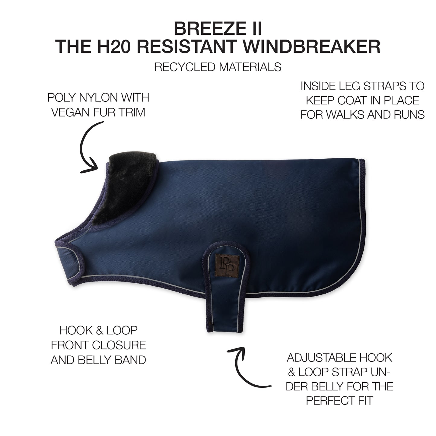 H20 resistant windbreaker with features highlighted on a white background