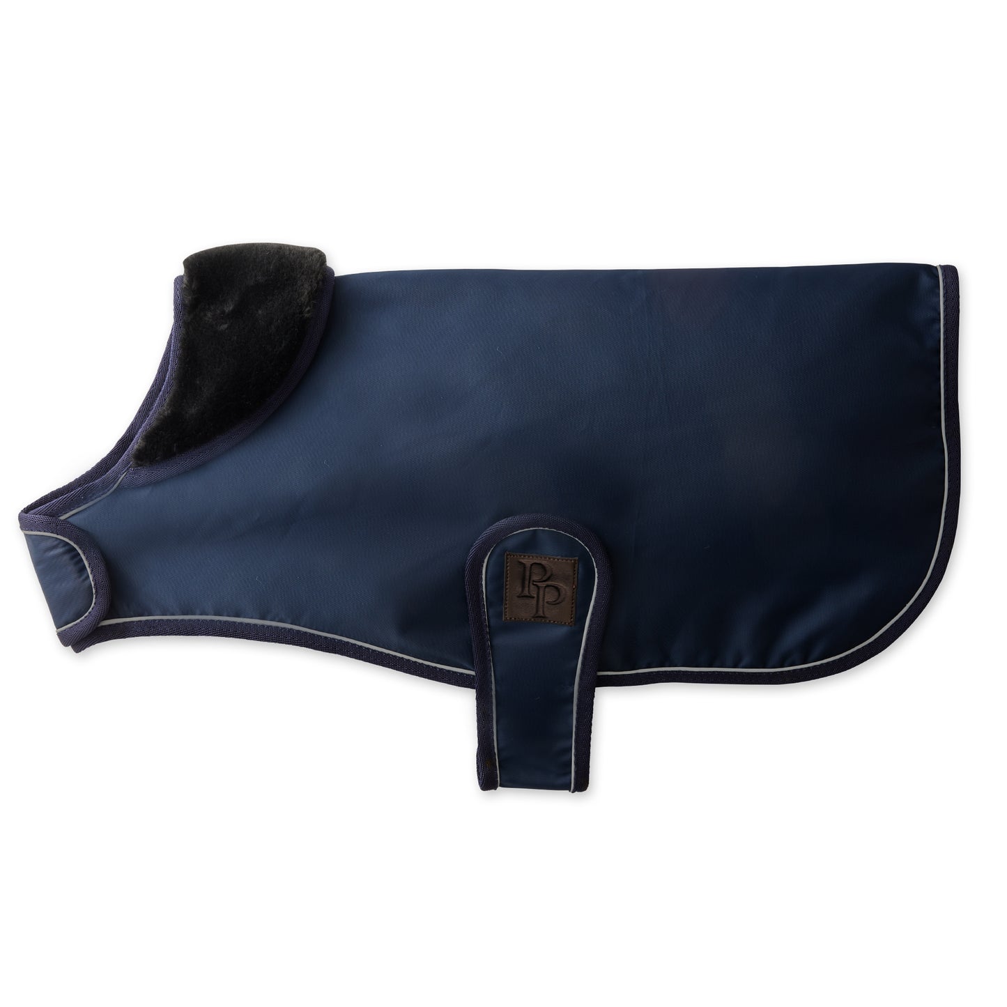 Navy blue dog coat with black fur lining on a white background