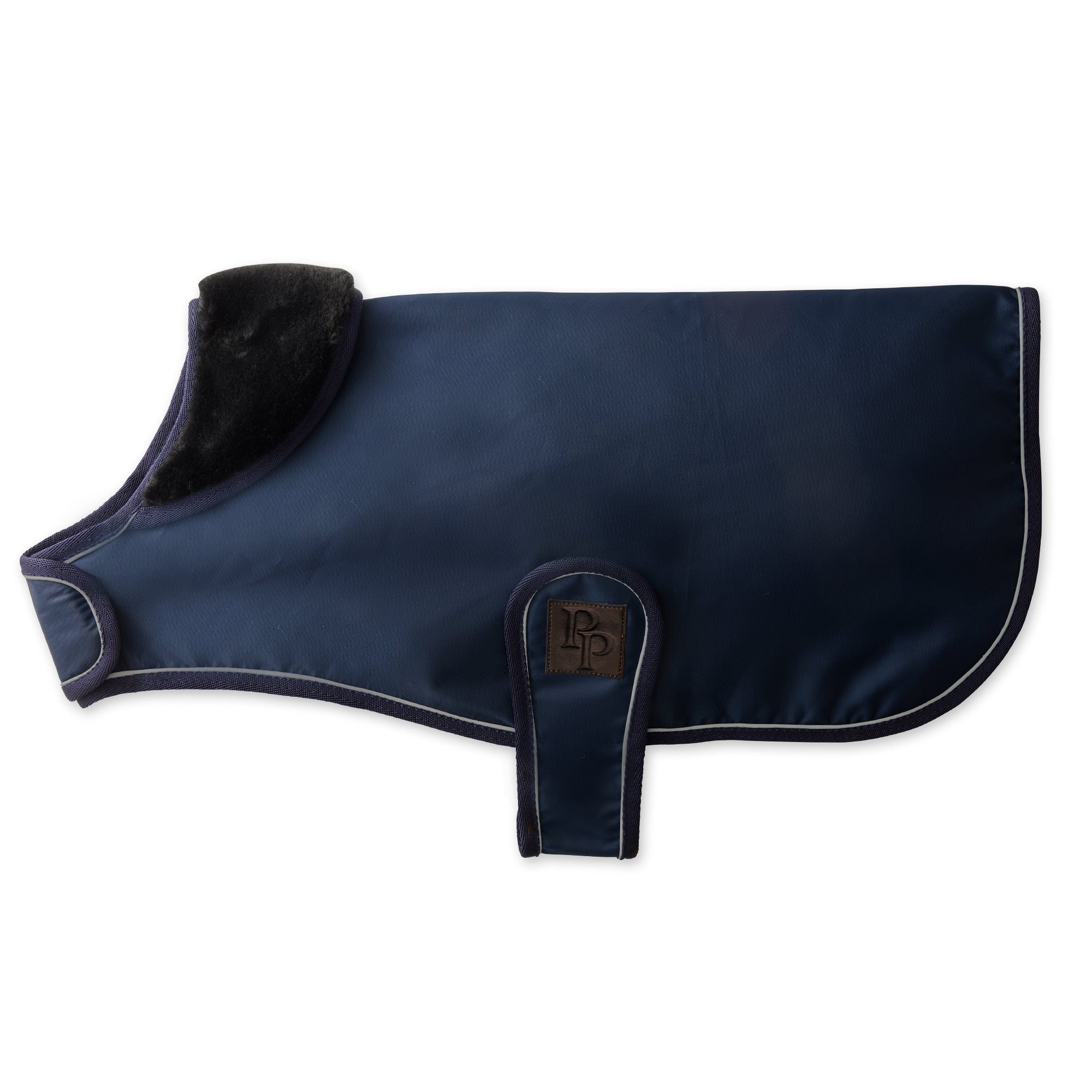 Navy blue dog coat with black fur lining on a white background