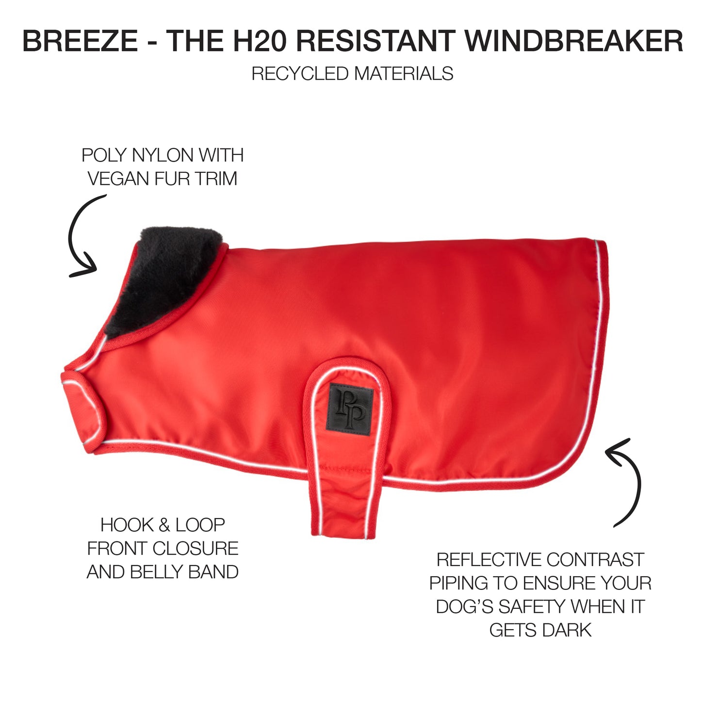 Red dog windbreaker with features highlighted on a white background
