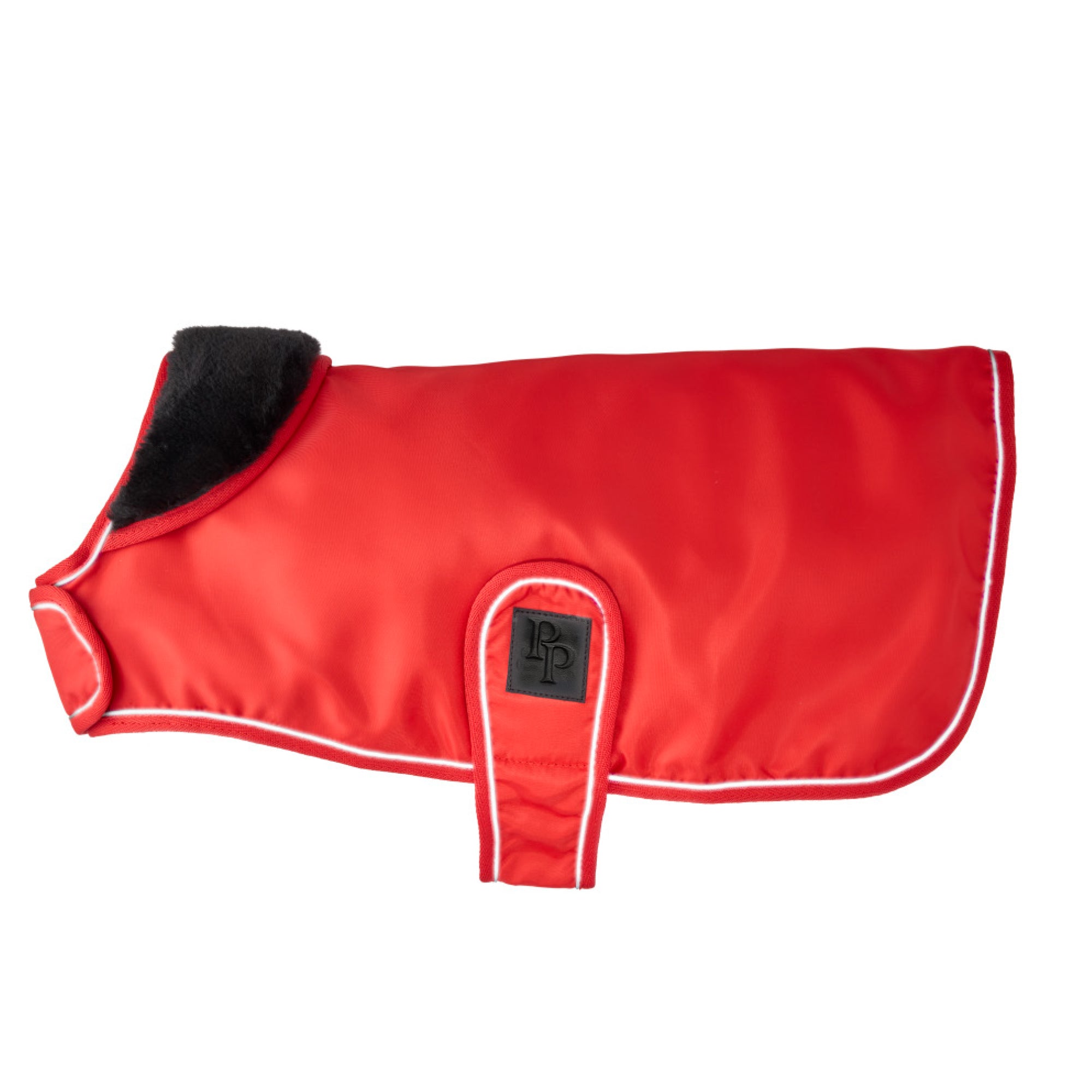 Red dog coat with black lining on a white background