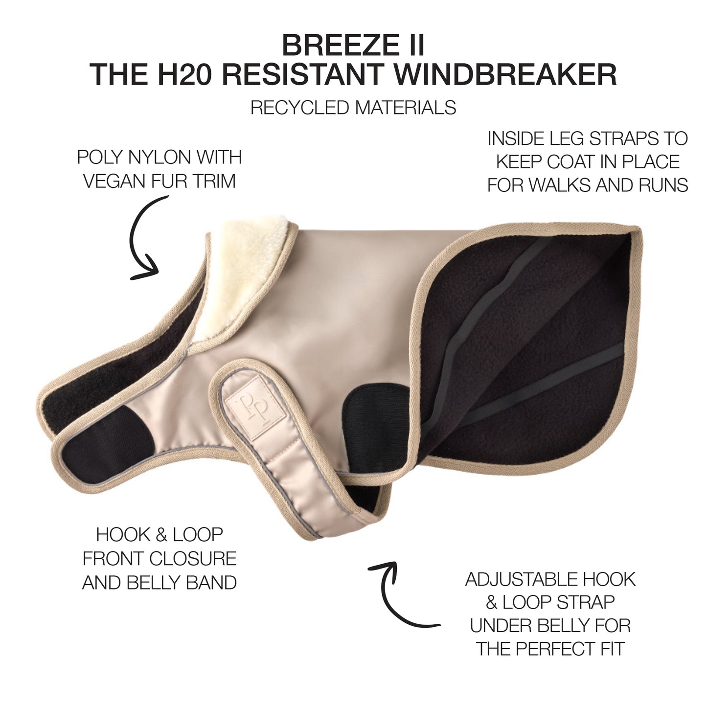 Dog windbreaker with Breeze II title and product descriptions surrounding it
