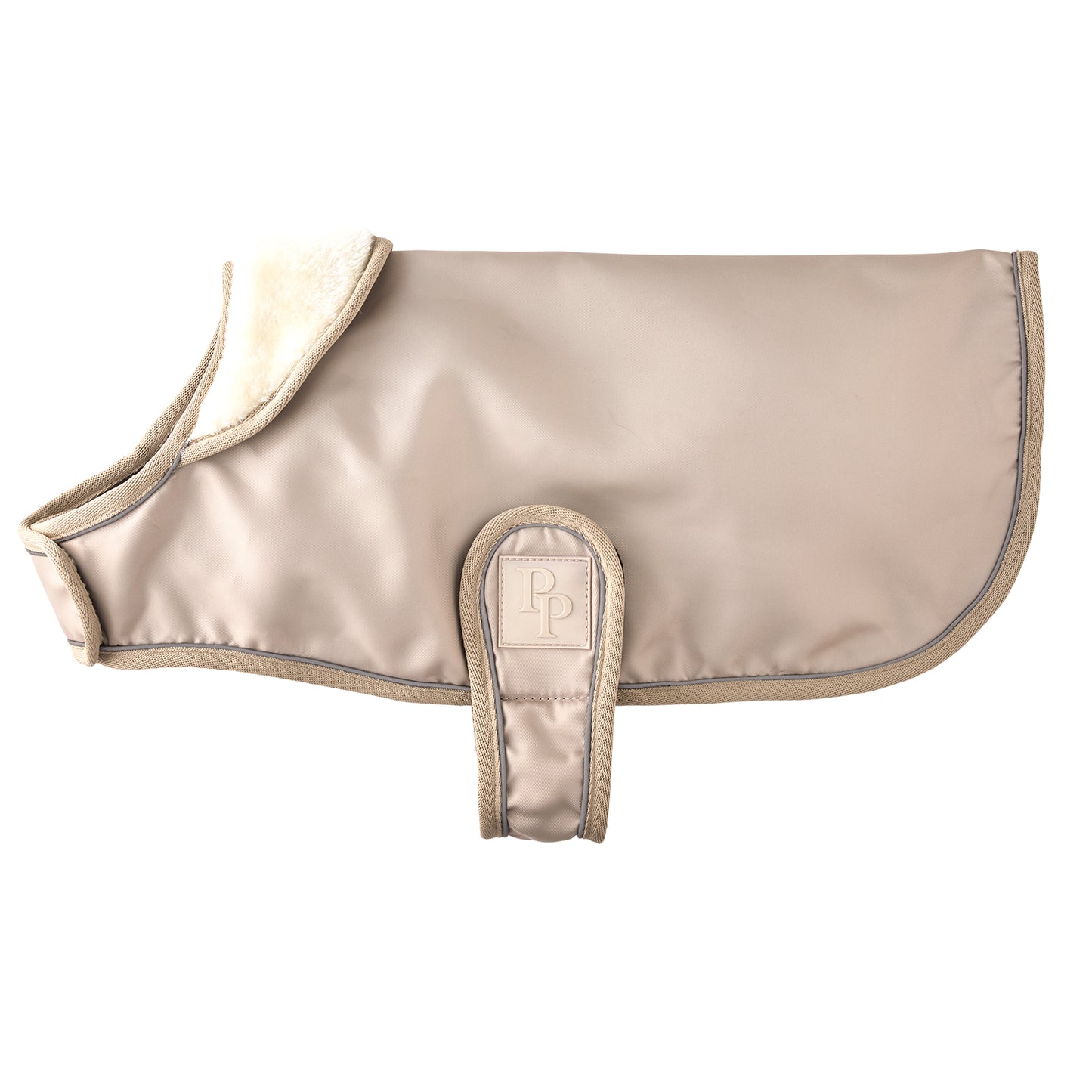 Sand colored dog windbreaker on a white background